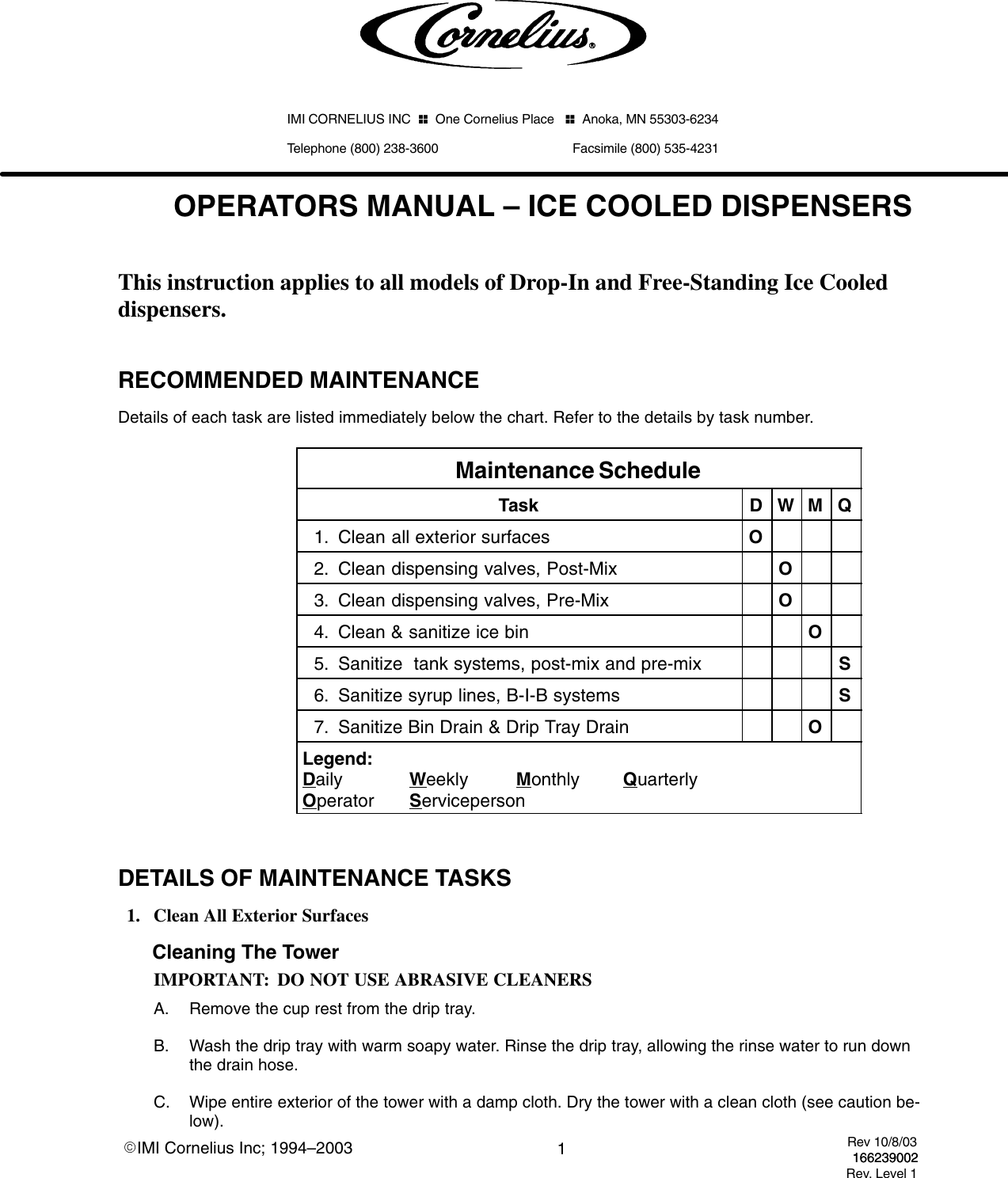 Page 1 of 10 - Cornelius Cornelius-Ice-Cooled-Dispensers-Users-Manual-  Cornelius-ice-cooled-dispensers-users-manual