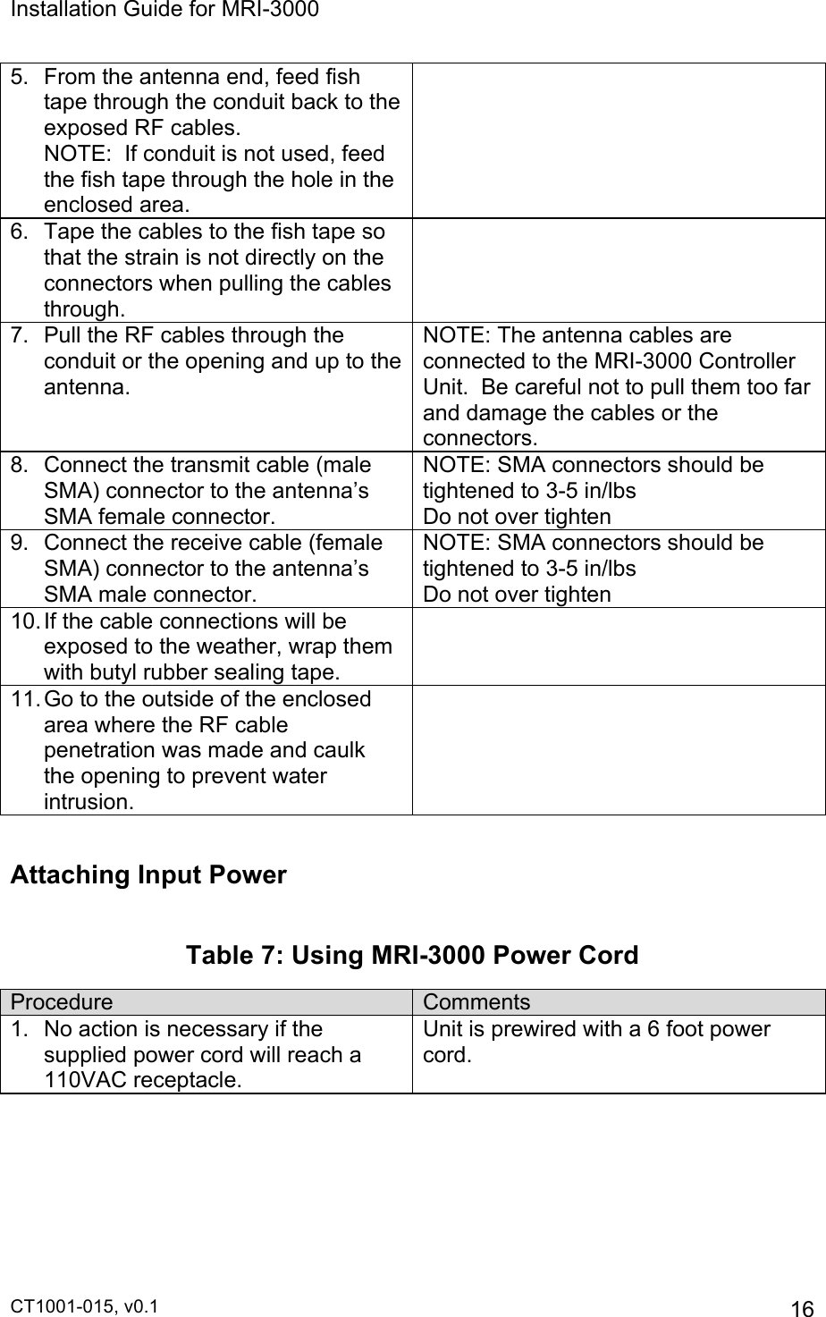 Installation Guide for MRI-3000 CT1001-015, v0.1         16 5.  From the antenna end, feed fish tape through the conduit back to the exposed RF cables. NOTE:  If conduit is not used, feed the fish tape through the hole in the enclosed area.  6. Tape the cables to the fish tape so that the strain is not directly on the connectors when pulling the cables through.  7.  Pull the RF cables through the conduit or the opening and up to the antenna. NOTE: The antenna cables are connected to the MRI-3000 Controller Unit.  Be careful not to pull them too far and damage the cables or the connectors. 8.  Connect the transmit cable (male SMA) connector to the antenna’s SMA female connector. NOTE: SMA connectors should be tightened to 3-5 in/lbs Do not over tighten 9.  Connect the receive cable (female SMA) connector to the antenna’s SMA male connector. NOTE: SMA connectors should be tightened to 3-5 in/lbs Do not over tighten 10. If the cable connections will be exposed to the weather, wrap them with butyl rubber sealing tape.  11. Go to the outside of the enclosed area where the RF cable penetration was made and caulk the opening to prevent water intrusion.   Attaching Input Power  Table 7: Using MRI-3000 Power Cord Procedure Comments 1.  No action is necessary if the supplied power cord will reach a 110VAC receptacle. Unit is prewired with a 6 foot power cord.  