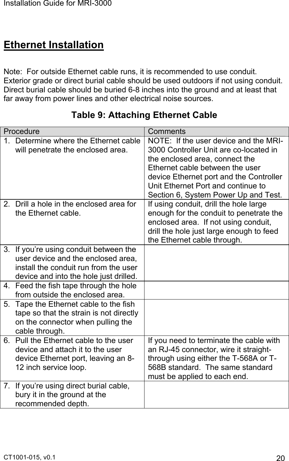 Installation Guide for MRI-3000 CT1001-015, v0.1         20  Ethernet Installation  Note:  For outside Ethernet cable runs, it is recommended to use conduit.  Exterior grade or direct burial cable should be used outdoors if not using conduit.  Direct burial cable should be buried 6-8 inches into the ground and at least that far away from power lines and other electrical noise sources.  Table 9: Attaching Ethernet Cable Procedure Comments 1.  Determine where the Ethernet cable will penetrate the enclosed area. NOTE:  If the user device and the MRI-3000 Controller Unit are co-located in the enclosed area, connect the Ethernet cable between the user device Ethernet port and the Controller Unit Ethernet Port and continue to Section 6, System Power Up and Test. 2.  Drill a hole in the enclosed area for the Ethernet cable. If using conduit, drill the hole large enough for the conduit to penetrate the enclosed area.  If not using conduit, drill the hole just large enough to feed the Ethernet cable through. 3.  If you’re using conduit between the user device and the enclosed area, install the conduit run from the user device and into the hole just drilled.  4.  Feed the fish tape through the hole from outside the enclosed area.   5.  Tape the Ethernet cable to the fish tape so that the strain is not directly on the connector when pulling the cable through.  6.  Pull the Ethernet cable to the user device and attach it to the user device Ethernet port, leaving an 8-12 inch service loop.  If you need to terminate the cable with an RJ-45 connector, wire it straight-through using either the T-568A or T-568B standard.  The same standard must be applied to each end. 7.  If you’re using direct burial cable, bury it in the ground at the recommended depth.  