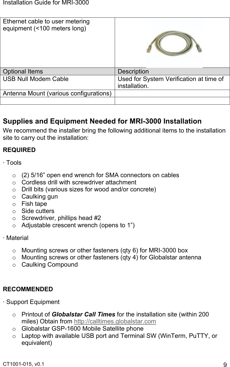 Installation Guide for MRI-3000 CT1001-015, v0.1         9 Ethernet cable to user metering equipment (&lt;100 meters long)                    Optional Items Description USB Null Modem Cable Used for System Verification at time of installation.  Antenna Mount (various configurations)     Supplies and Equipment Needed for MRI-3000 Installation We recommend the installer bring the following additional items to the installation site to carry out the installation: REQUIRED · Tools o  (2) 5/16” open end wrench for SMA connectors on cables o  Cordless drill with screwdriver attachment o  Drill bits (various sizes for wood and/or concrete)  o  Caulking gun o  Fish tape o  Side cutters o  Screwdriver, phillips head #2 o  Adjustable crescent wrench (opens to 1”) · Material o  Mounting screws or other fasteners (qty 6) for MRI-3000 box  o  Mounting screws or other fasteners (qty 4) for Globalstar antenna o  Caulking Compound  RECOMMENDED · Support Equipment o  Printout of Globalstar Call Times for the installation site (within 200 miles) Obtain from http://calltimes.globalstar.com o  Globalstar GSP-1600 Mobile Satellite phone o  Laptop with available USB port and Terminal SW (WinTerm, PuTTY, or equivalent) 