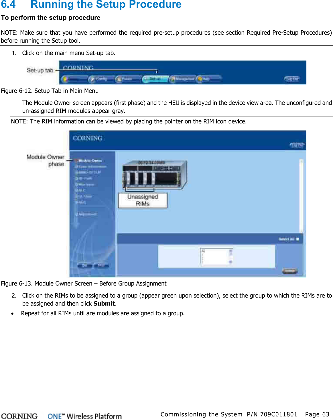  Commissioning the System P/N 709C011801 Page 63   6.4  Running the Setup Procedure To perform the setup procedure NOTE: Make sure that you have performed the required pre-setup procedures (see section Required Pre-Setup Procedures) before running the Setup tool. 1.  Click on the main menu Set-up tab.    Figure  6-12. Setup Tab in Main Menu The Module Owner screen appears (first phase) and the HEU is displayed in the device view area. The unconfigured and un-assigned RIM modules appear gray.   NOTE: The RIM information can be viewed by placing the pointer on the RIM icon device.  Figure  6-13. Module Owner Screen – Before Group Assignment 2.  Click on the RIMs to be assigned to a group (appear green upon selection), select the group to which the RIMs are to be assigned and then click Submit. • Repeat for all RIMs until are modules are assigned to a group. 
