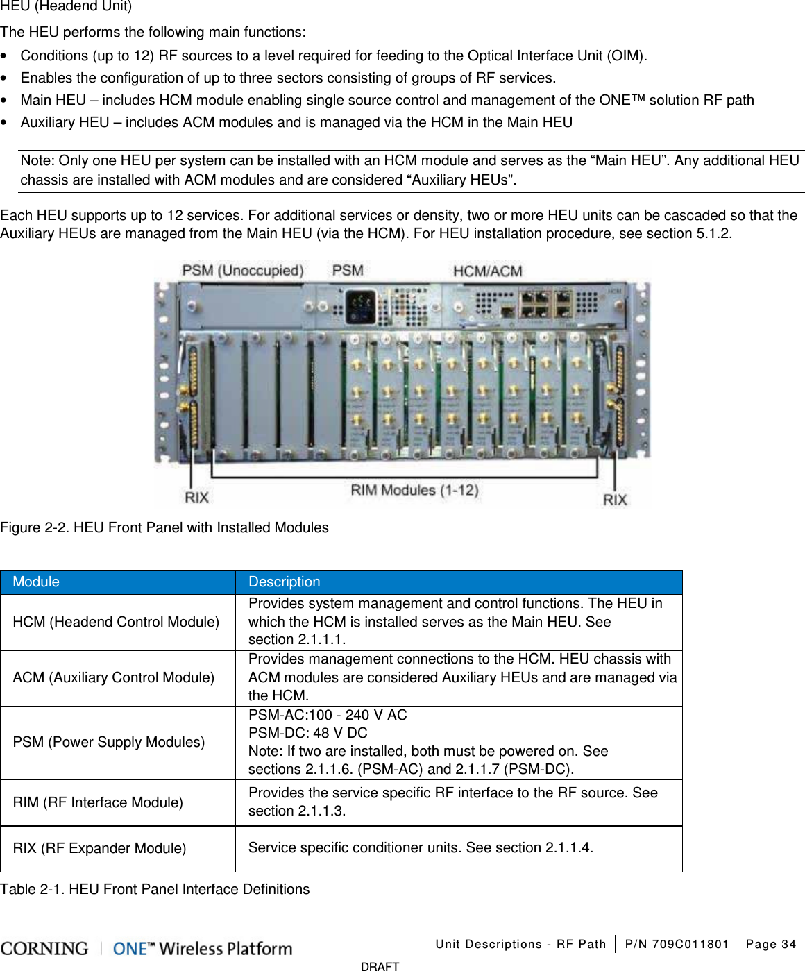    Unit Descriptions - RF Path P/N 709C011801 Page 34   DRAFT HEU (Headend Unit) The HEU performs the following main functions: • Conditions (up to 12) RF sources to a level required for feeding to the Optical Interface Unit (OIM).   • Enables the configuration of up to three sectors consisting of groups of RF services. • Main HEU – includes HCM module enabling single source control and management of the ONE™ solution RF path   • Auxiliary HEU – includes ACM modules and is managed via the HCM in the Main HEU Note: Only one HEU per system can be installed with an HCM module and serves as the “Main HEU”. Any additional HEU chassis are installed with ACM modules and are considered “Auxiliary HEUs”. Each HEU supports up to 12 services. For additional services or density, two or more HEU units can be cascaded so that the Auxiliary HEUs are managed from the Main HEU (via the HCM). For HEU installation procedure, see section  5.1.2.  Figure  2-2. HEU Front Panel with Installed Modules  Module Description HCM (Headend Control Module)   Provides system management and control functions. The HEU in which the HCM is installed serves as the Main HEU. See section  2.1.1.1. ACM (Auxiliary Control Module) Provides management connections to the HCM. HEU chassis with ACM modules are considered Auxiliary HEUs and are managed via the HCM. PSM (Power Supply Modules) PSM-AC:100 - 240 V AC   PSM-DC: 48 V DC Note: If two are installed, both must be powered on. See sections  2.1.1.6. (PSM-AC) and  2.1.1.7 (PSM-DC). RIM (RF Interface Module) Provides the service specific RF interface to the RF source. See section  2.1.1.3. RIX (RF Expander Module)   Service specific conditioner units. See section  2.1.1.4. Table  2-1. HEU Front Panel Interface Definitions  