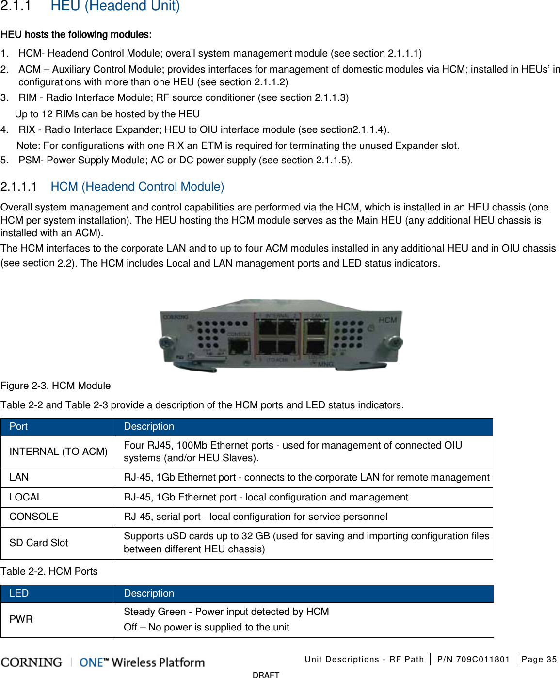    Unit Descriptions - RF Path P/N 709C011801 Page 35   DRAFT 2.1.1  HEU (Headend Unit) HEU hosts the following modules: 1.  HCM- Headend Control Module; overall system management module (see section  2.1.1.1) 2.  ACM – Auxiliary Control Module; provides interfaces for management of domestic modules via HCM; installed in HEUs’ in configurations with more than one HEU (see section  2.1.1.2) 3.  RIM - Radio Interface Module; RF source conditioner (see section  2.1.1.3) Up to 12 RIMs can be hosted by the HEU   4.  RIX - Radio Interface Expander; HEU to OIU interface module (see section 2.1.1.4). Note: For configurations with one RIX an ETM is required for terminating the unused Expander slot. 5.  PSM- Power Supply Module; AC or DC power supply (see section  2.1.1.5). 2.1.1.1  HCM (Headend Control Module) Overall system management and control capabilities are performed via the HCM, which is installed in an HEU chassis (one HCM per system installation). The HEU hosting the HCM module serves as the Main HEU (any additional HEU chassis is installed with an ACM). The HCM interfaces to the corporate LAN and to up to four ACM modules installed in any additional HEU and in OIU chassis (see section  2.2). The HCM includes Local and LAN management ports and LED status indicators.        Figure  2-3. HCM Module Table  2-2 and Table  2-3 provide a description of the HCM ports and LED status indicators. Port Description INTERNAL (TO ACM) Four RJ45, 100Mb Ethernet ports - used for management of connected OIU systems (and/or HEU Slaves). LAN RJ-45, 1Gb Ethernet port - connects to the corporate LAN for remote management LOCAL RJ-45, 1Gb Ethernet port - local configuration and management CONSOLE RJ-45, serial port - local configuration for service personnel SD Card Slot Supports uSD cards up to 32 GB (used for saving and importing configuration files between different HEU chassis) Table  2-2. HCM Ports LED Description PWR Steady Green - Power input detected by HCM Off – No power is supplied to the unit 
