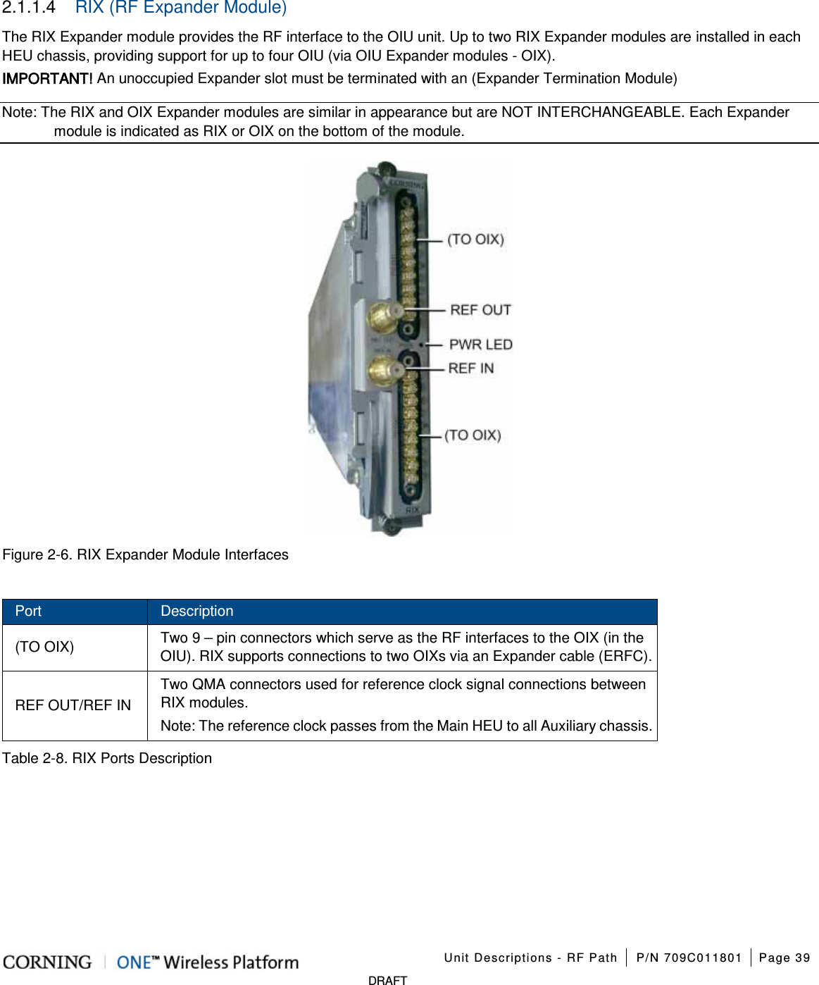    Unit Descriptions - RF Path P/N 709C011801 Page 39   DRAFT 2.1.1.4  RIX (RF Expander Module) The RIX Expander module provides the RF interface to the OIU unit. Up to two RIX Expander modules are installed in each HEU chassis, providing support for up to four OIU (via OIU Expander modules - OIX).   IMPORTANT! An unoccupied Expander slot must be terminated with an (Expander Termination Module) Note: The RIX and OIX Expander modules are similar in appearance but are NOT INTERCHANGEABLE. Each Expander module is indicated as RIX or OIX on the bottom of the module.  Figure  2-6. RIX Expander Module Interfaces   Port Description (TO OIX) Two 9 – pin connectors which serve as the RF interfaces to the OIX (in the OIU). RIX supports connections to two OIXs via an Expander cable (ERFC). REF OUT/REF IN Two QMA connectors used for reference clock signal connections between RIX modules.   Note: The reference clock passes from the Main HEU to all Auxiliary chassis.  Table  2-8. RIX Ports Description    