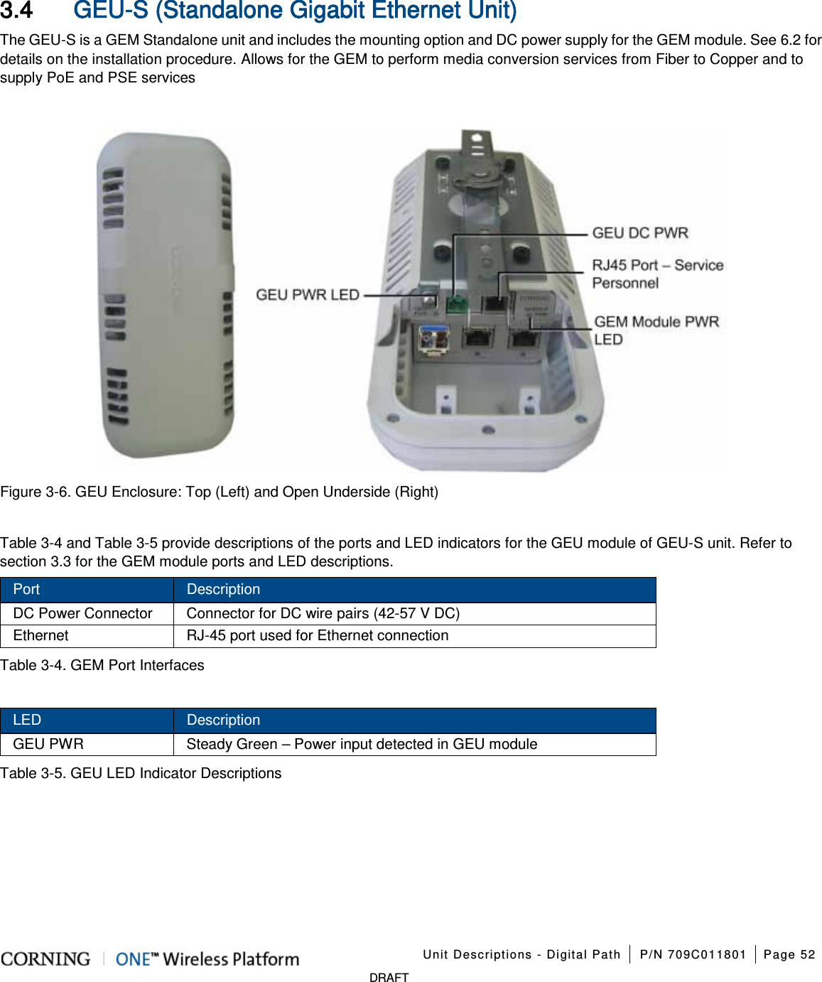    Unit Descriptions - Digital Path P/N 709C011801 Page 52   DRAFT  3.4 GEU-S (Standalone Gigabit Ethernet Unit) The GEU-S is a GEM Standalone unit and includes the mounting option and DC power supply for the GEM module. See  6.2 for details on the installation procedure. Allows for the GEM to perform media conversion services from Fiber to Copper and to supply PoE and PSE services   Figure  3-6. GEU Enclosure: Top (Left) and Open Underside (Right)  Table  3-4 and Table  3-5 provide descriptions of the ports and LED indicators for the GEU module of GEU-S unit. Refer to section  3.3 for the GEM module ports and LED descriptions. Port Description DC Power Connector Connector for DC wire pairs (42-57 V DC) Ethernet RJ-45 port used for Ethernet connection   Table  3-4. GEM Port Interfaces  LED Description GEU PWR Steady Green – Power input detected in GEU module Table  3-5. GEU LED Indicator Descriptions   
