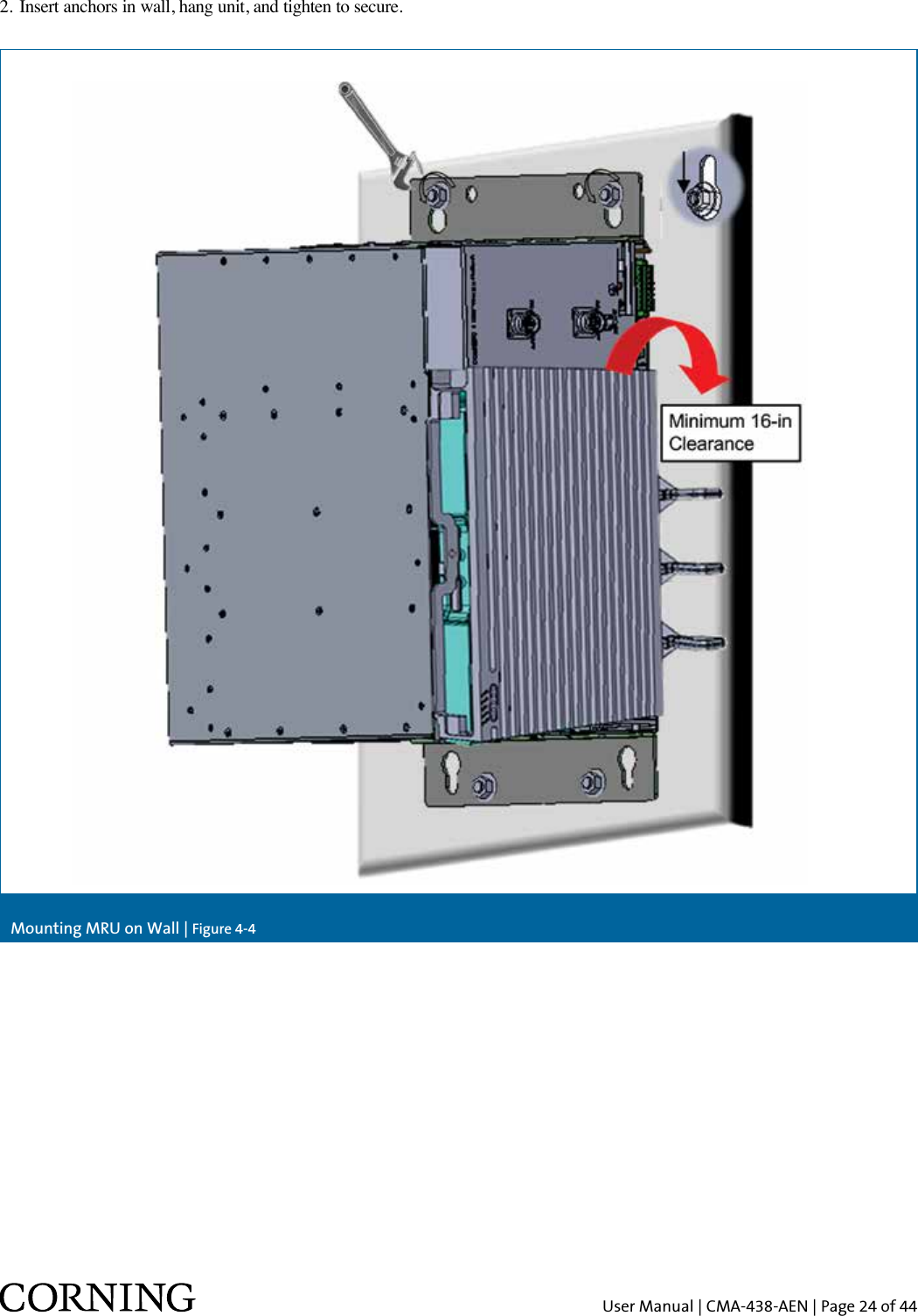 User Manual | CMA-438-AEN | Page 24 of 44Mounting MRU on Wall | Figure 4-42.  Insert anchors in wall, hang unit, and tighten to secure.