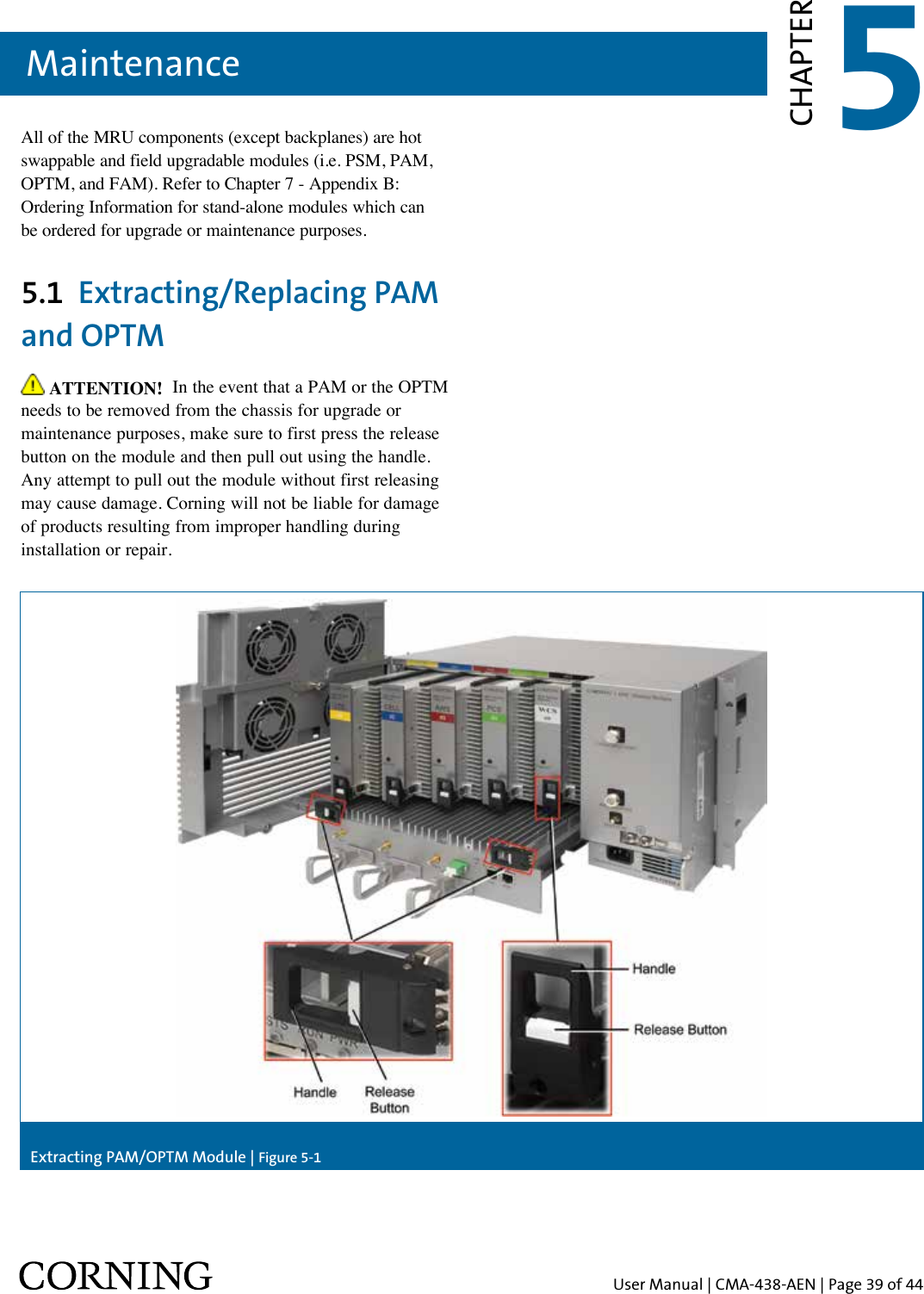 User Manual | CMA-438-AEN | Page 39 of 44Maintenance 5CHAPTERAll of the MRU components (except backplanes) are hot swappable and field upgradable modules (i.e. PSM, PAM, OPTM, and FAM). Refer to Chapter 7 - Appendix B: Ordering Information for stand-alone modules which can  be ordered for upgrade or maintenance purposes.5.1  Extracting/Replacing PAM and OPTM  ATTENTION!  In the event that a PAM or the OPTM needs to be removed from the chassis for upgrade or maintenance purposes, make sure to first press the release button on the module and then pull out using the handle. Any attempt to pull out the module without first releasing may cause damage. Corning will not be liable for damage of products resulting from improper handling during installation or repair.Extracting PAM/OPTM Module | Figure 5-1