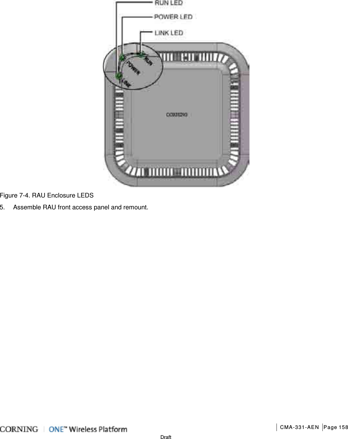       CMA-331-AEN Page 158  Draft  Figure  7-4. RAU Enclosure LEDS 5.  Assemble RAU front access panel and remount.     