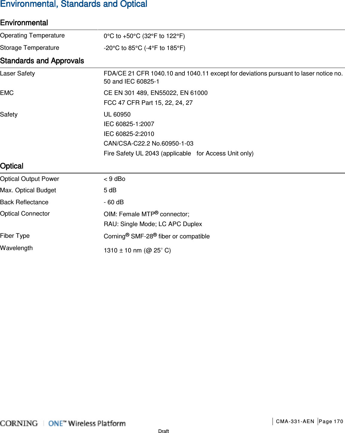       CMA-331-AEN Page 170  Draft Environmental, Standards and Optical Environmental  Operating Temperature 0°C to +50°C (32°F to 122°F) Storage Temperature -20°C to 85°C (-4°F to 185°F) Standards and Approvals  Laser Safety FDA/CE 21 CFR 1040.10 and 1040.11 except for deviations pursuant to laser notice no. 50 and IEC 60825-1 EMC CE EN 301 489, EN55022, EN 61000 FCC 47 CFR Part 15, 22, 24, 27 Safety UL 60950 IEC 60825-1:2007 IEC 60825-2:2010 CAN/CSA-C22.2 No.60950-1-03 Fire Safety UL 2043 (applicable   for Access Unit only) Optical  Optical Output Power  &lt; 9 dBo Max. Optical Budget 5 dB Back Reflectance  - 60 dB Optical Connector OIM: Female MTP® connector;   RAU: Single Mode; LC APC Duplex   Fiber Type Corning® SMF-28® fiber or compatible Wavelength 1310 ± 10 nm (@ 25◦ C)    