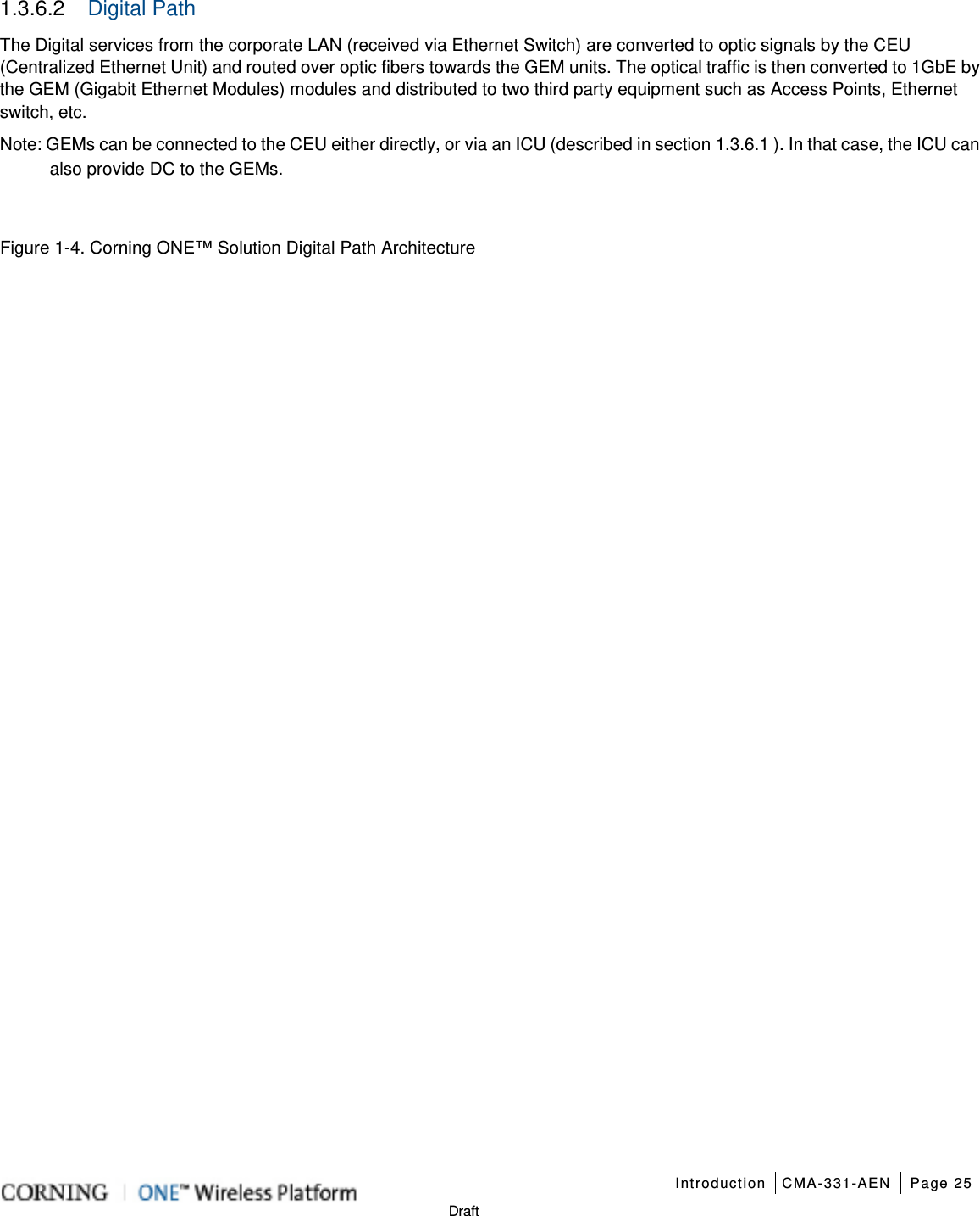   Introduction CMA-331-AEN Page 25   Draft 1.3.6.2  Digital Path The Digital services from the corporate LAN (received via Ethernet Switch) are converted to optic signals by the CEU (Centralized Ethernet Unit) and routed over optic fibers towards the GEM units. The optical traffic is then converted to 1GbE by the GEM (Gigabit Ethernet Modules) modules and distributed to two third party equipment such as Access Points, Ethernet switch, etc. Note: GEMs can be connected to the CEU either directly, or via an ICU (described in section  1.3.6.1 ). In that case, the ICU can also provide DC to the GEMs.  Figure  1-4. Corning ONE™ Solution Digital Path Architecture    