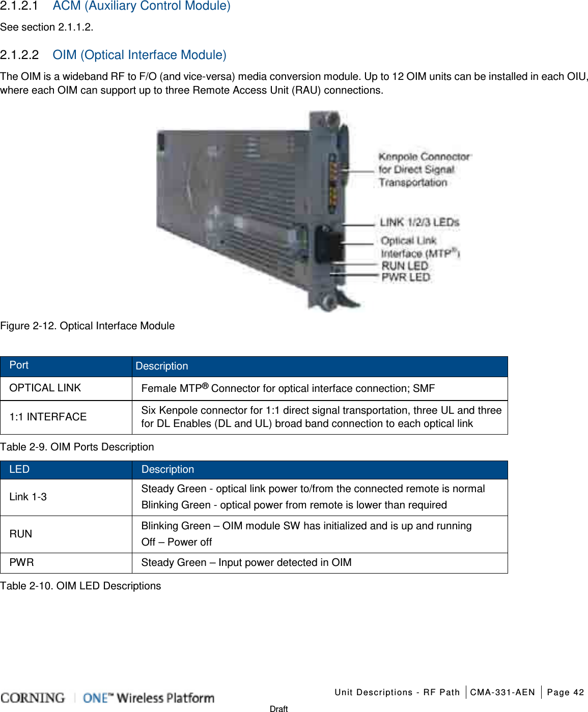    Unit Descriptions - RF Path CMA-331-AEN Page 42   Draft 2.1.2.1  ACM (Auxiliary Control Module) See section  2.1.1.2. 2.1.2.2  OIM (Optical Interface Module) The OIM is a wideband RF to F/O (and vice-versa) media conversion module. Up to 12 OIM units can be installed in each OIU, where each OIM can support up to three Remote Access Unit (RAU) connections.      Figure  2-12. Optical Interface Module  Port Description OPTICAL LINK Female MTP® Connector for optical interface connection; SMF 1:1 INTERFACE Six Kenpole connector for 1:1 direct signal transportation, three UL and three for DL Enables (DL and UL) broad band connection to each optical link Table  2-9. OIM Ports Description LED Description Link 1-3  Steady Green - optical link power to/from the connected remote is normal Blinking Green - optical power from remote is lower than required RUN Blinking Green – OIM module SW has initialized and is up and running Off – Power off PWR Steady Green – Input power detected in OIM Table  2-10. OIM LED Descriptions  