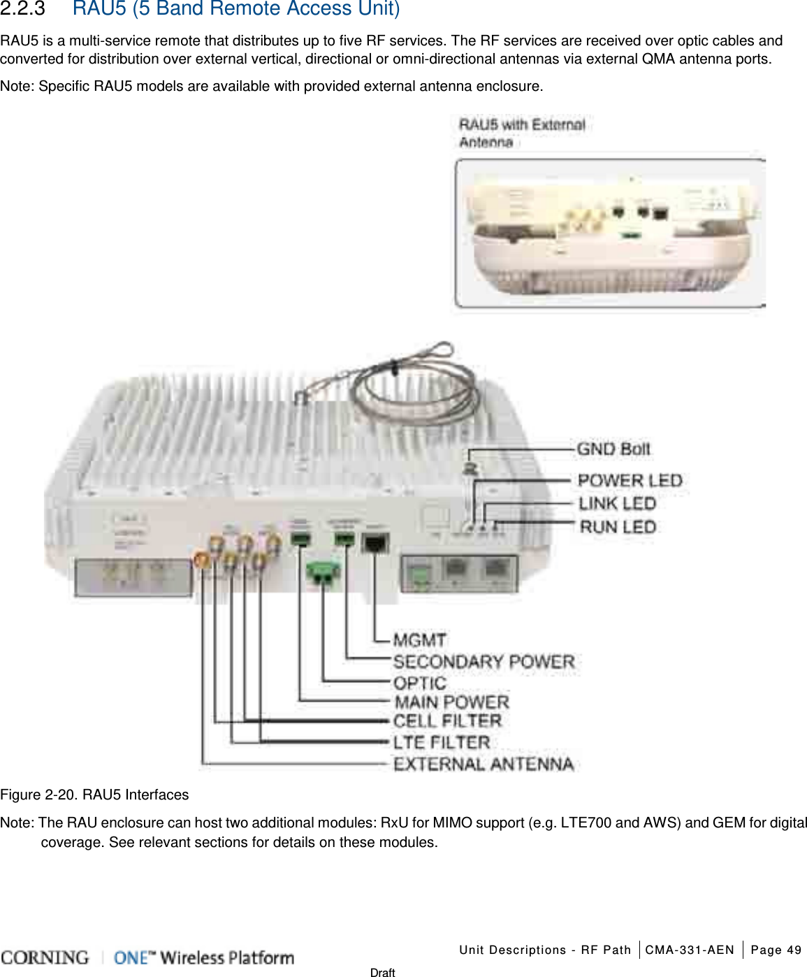    Unit Descriptions - RF Path CMA-331-AEN Page 49   Draft 2.2.3  RAU5 (5 Band Remote Access Unit) RAU5 is a multi-service remote that distributes up to five RF services. The RF services are received over optic cables and converted for distribution over external vertical, directional or omni-directional antennas via external QMA antenna ports. Note: Specific RAU5 models are available with provided external antenna enclosure.  Figure  2-20. RAU5 Interfaces Note: The RAU enclosure can host two additional modules: RxU for MIMO support (e.g. LTE700 and AWS) and GEM for digital coverage. See relevant sections for details on these modules.   