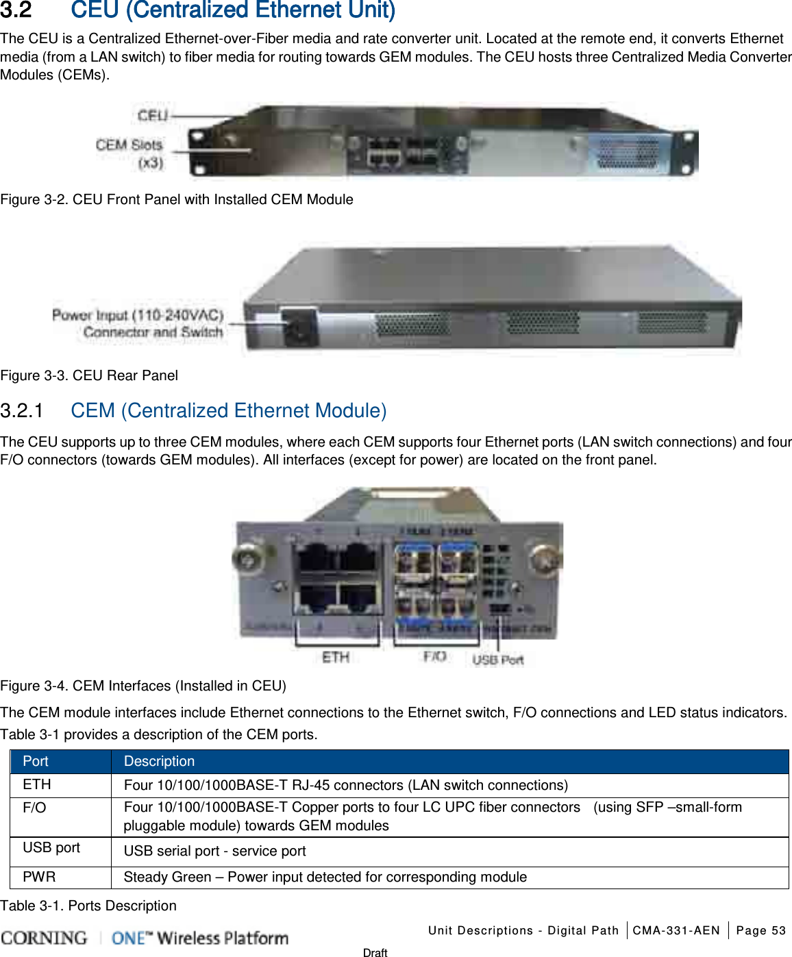    Unit Descriptions - Digital Path CMA-331-AEN Page 53   Draft 3.2 CEU (Centralized Ethernet Unit) The CEU is a Centralized Ethernet-over-Fiber media and rate converter unit. Located at the remote end, it converts Ethernet media (from a LAN switch) to fiber media for routing towards GEM modules. The CEU hosts three Centralized Media Converter Modules (CEMs).    Figure  3-2. CEU Front Panel with Installed CEM Module   Figure  3-3. CEU Rear Panel 3.2.1  CEM (Centralized Ethernet Module) The CEU supports up to three CEM modules, where each CEM supports four Ethernet ports (LAN switch connections) and four F/O connectors (towards GEM modules). All interfaces (except for power) are located on the front panel.  Figure  3-4. CEM Interfaces (Installed in CEU) The CEM module interfaces include Ethernet connections to the Ethernet switch, F/O connections and LED status indicators. Table  3-1 provides a description of the CEM ports. Port Description ETH   Four 10/100/1000BASE-T RJ-45 connectors (LAN switch connections)   F/O Four 10/100/1000BASE-T Copper ports to four LC UPC fiber connectors    (using SFP –small-form pluggable module) towards GEM modules USB port USB serial port - service port PWR Steady Green – Power input detected for corresponding module Table  3-1. Ports Description 