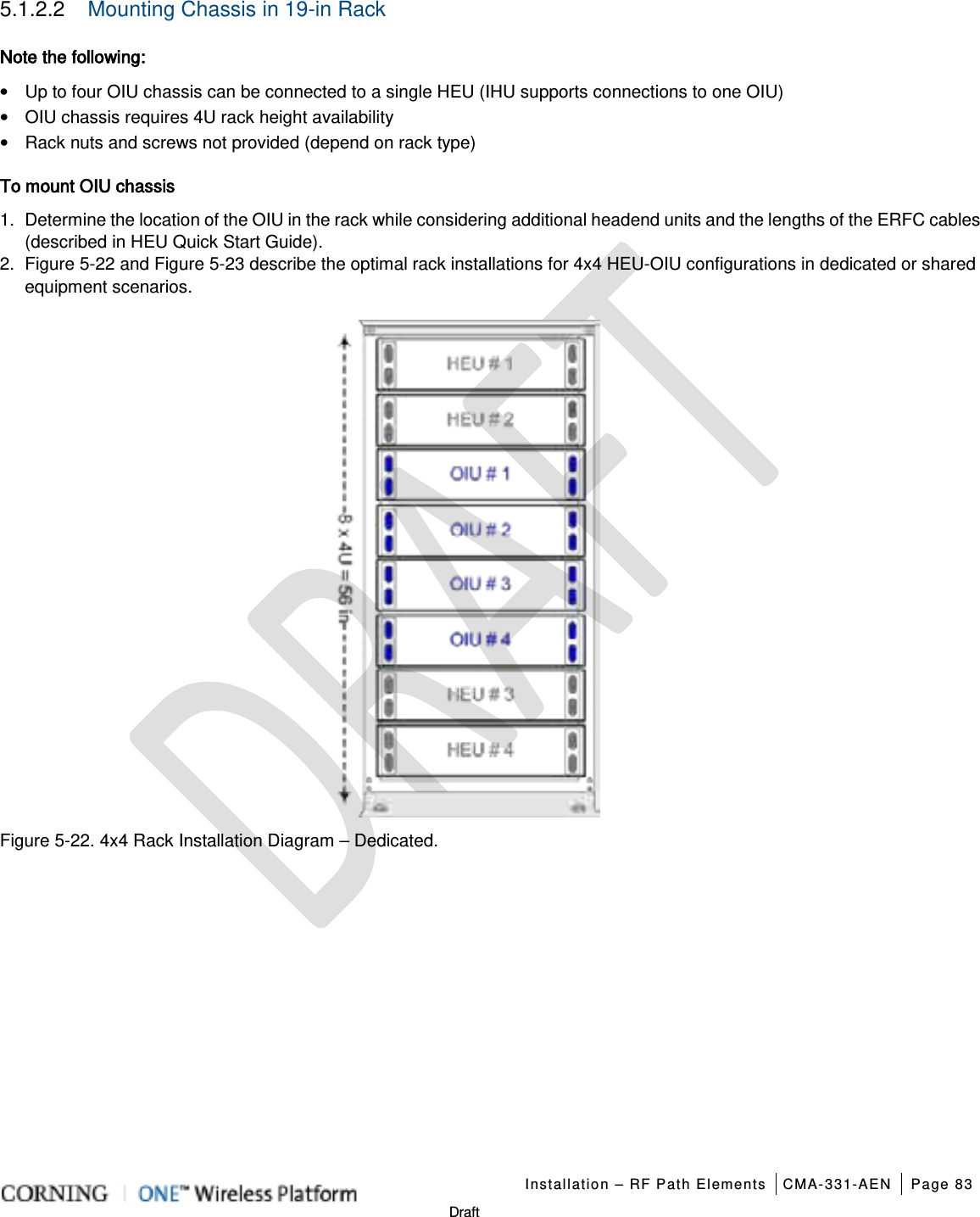   Installation – RF Path Elements CMA-331-AEN Page 83   Draft 5.1.2.2  Mounting Chassis in 19-in Rack   Note the following:   • Up to four OIU chassis can be connected to a single HEU (IHU supports connections to one OIU) • OIU chassis requires 4U rack height availability • Rack nuts and screws not provided (depend on rack type)   To mount OIU chassis   1.  Determine the location of the OIU in the rack while considering additional headend units and the lengths of the ERFC cables (described in HEU Quick Start Guide). 2.  Figure  5-22 and Figure  5-23 describe the optimal rack installations for 4x4 HEU-OIU configurations in dedicated or shared equipment scenarios.    Figure  5-22. 4x4 Rack Installation Diagram – Dedicated. 