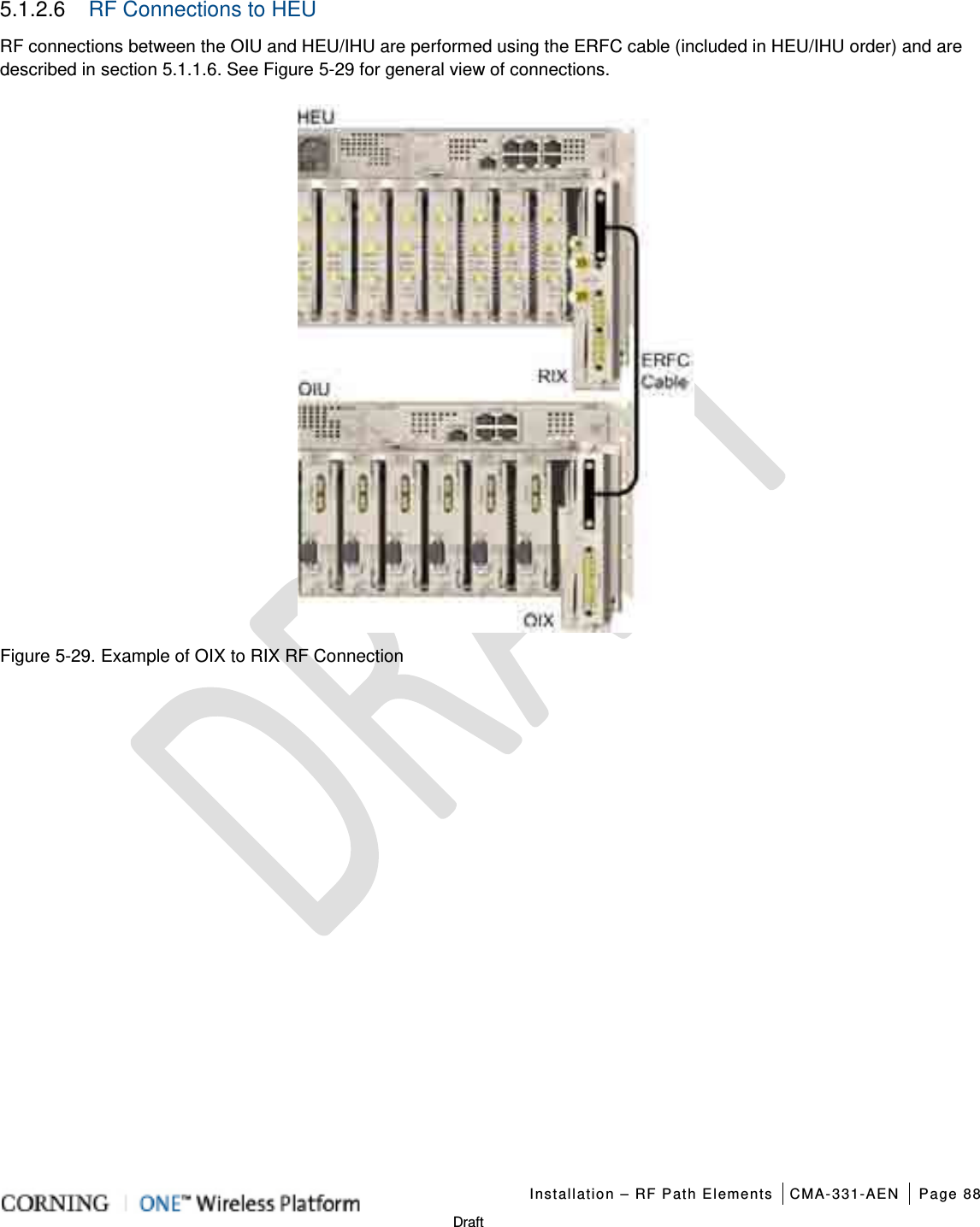   Installation – RF Path Elements CMA-331-AEN Page 88   Draft 5.1.2.6  RF Connections to HEU   RF connections between the OIU and HEU/IHU are performed using the ERFC cable (included in HEU/IHU order) and are described in section  5.1.1.6. See Figure  5-29 for general view of connections.  Figure  5-29. Example of OIX to RIX RF Connection    