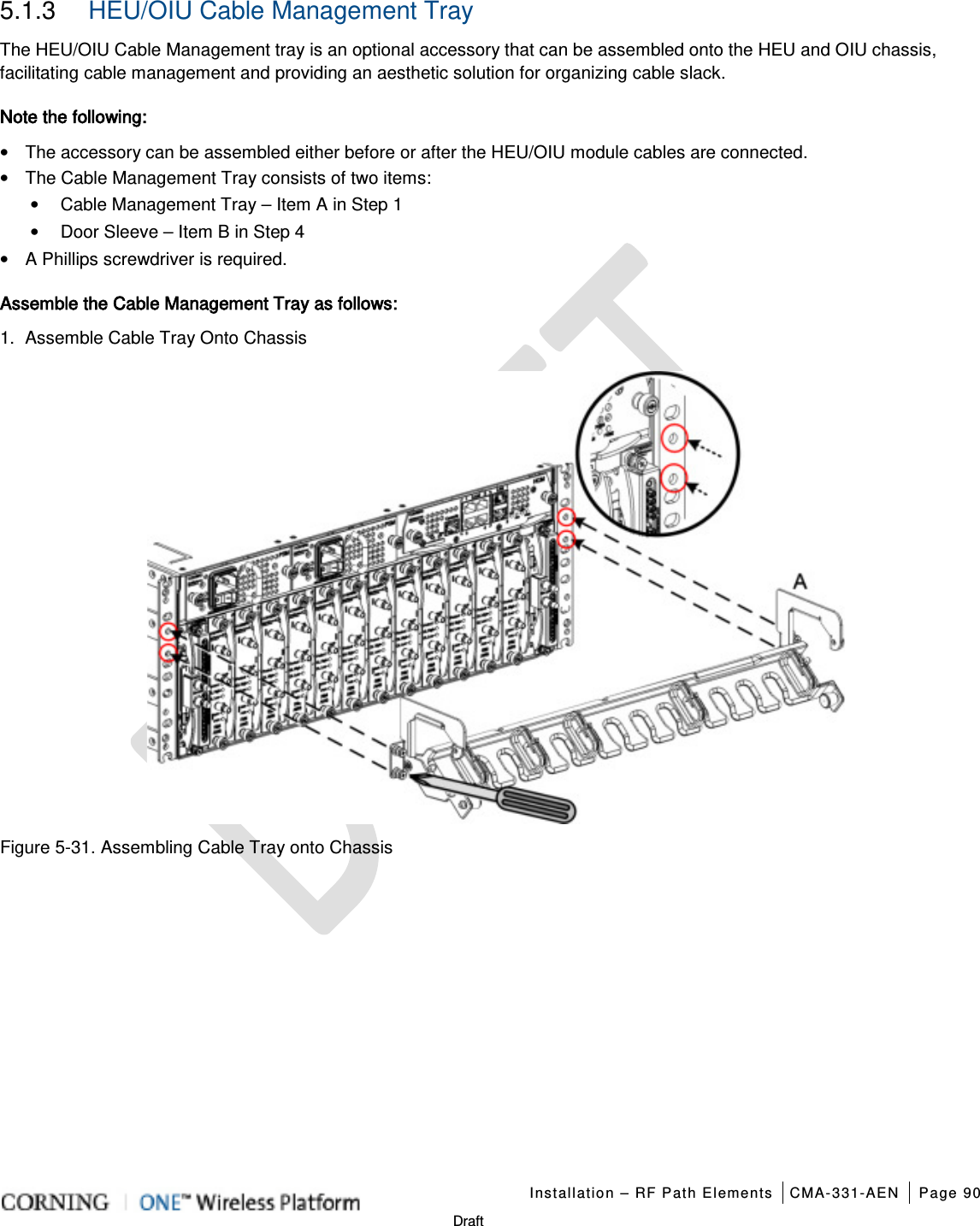   Installation – RF Path Elements CMA-331-AEN Page 90   Draft 5.1.3  HEU/OIU Cable Management Tray The HEU/OIU Cable Management tray is an optional accessory that can be assembled onto the HEU and OIU chassis, facilitating cable management and providing an aesthetic solution for organizing cable slack. Note the following: • The accessory can be assembled either before or after the HEU/OIU module cables are connected. • The Cable Management Tray consists of two items: • Cable Management Tray – Item A in Step 1 • Door Sleeve – Item B in Step 4 • A Phillips screwdriver is required. Assemble the Cable Management Tray as follows: 1.  Assemble Cable Tray Onto Chassis  Figure  5-31. Assembling Cable Tray onto Chassis   