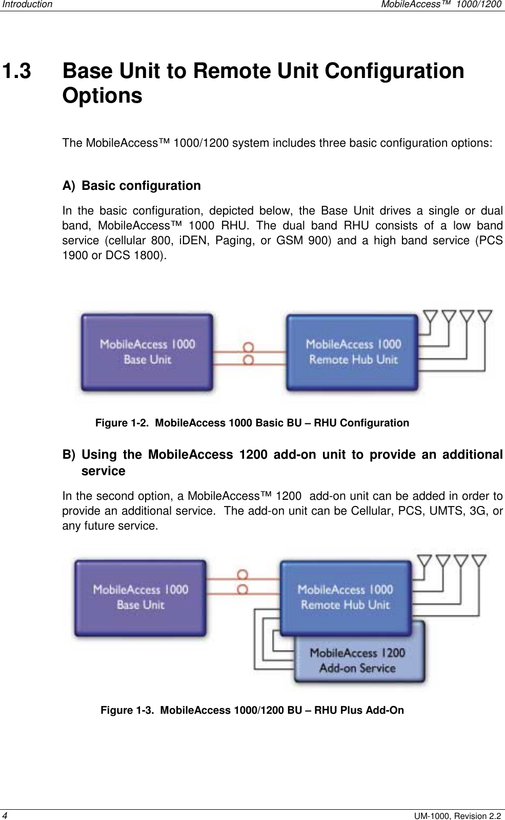 Introduction    MobileAccess™  1000/1200 4 UM-1000, Revision 2.2 1.3   Base Unit to Remote Unit Configuration Options  The MobileAccess™ 1000/1200 system includes three basic configuration options:  A) Basic configuration In the basic configuration, depicted below, the Base Unit drives a single or dual band, MobileAccess™ 1000 RHU. The dual band RHU consists of a low band service (cellular 800, iDEN, Paging, or GSM 900) and a high band service (PCS 1900 or DCS 1800).   Figure  1-2.  MobileAccess 1000 Basic BU – RHU Configuration B) Using the MobileAccess 1200 add-on unit to provide an additional service In the second option, a MobileAccess™ 1200  add-on unit can be added in order to provide an additional service.  The add-on unit can be Cellular, PCS, UMTS, 3G, or any future service.  Figure  1-3.  MobileAccess 1000/1200 BU – RHU Plus Add-On  