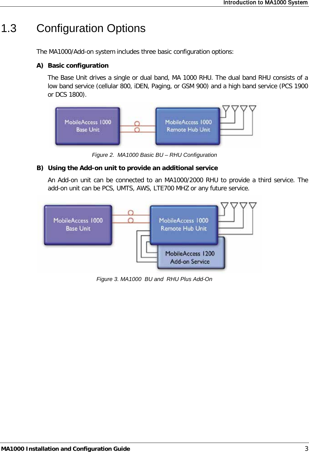 Introduction to MA1000 System  MA1000 Installation and Configuration Guide    3 1.3  Configuration Options  The MA1000/Add-on system includes three basic configuration options: A) Basic configuration The Base Unit drives a single or dual band, MA 1000 RHU. The dual band RHU consists of a low band service (cellular 800, iDEN, Paging, or GSM 900) and a high band service (PCS 1900 or DCS 1800).  Figure 2.  MA1000 Basic BU – RHU Configuration B) Using the Add-on unit to provide an additional service An Add-on unit can be connected to an MA1000/2000 RHU to provide a third service. The add-on unit can be PCS, UMTS, AWS, LTE700 MHZ or any future service.   Figure 3. MA1000  BU and  RHU Plus Add-On   