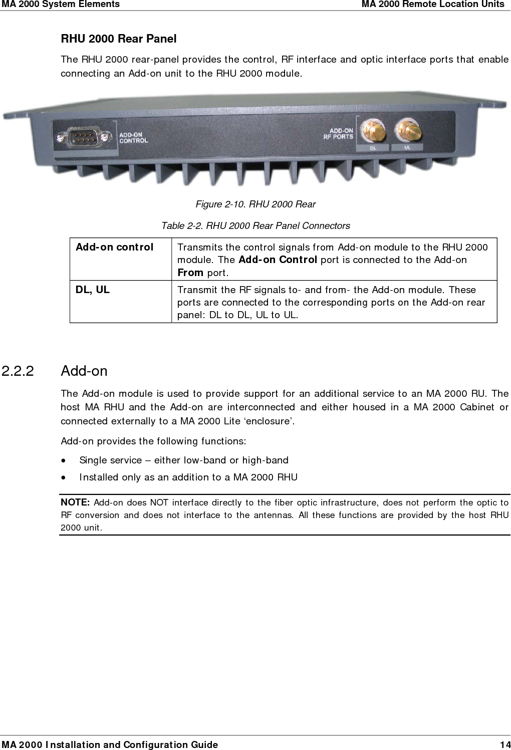 MA 2000 System Elements    MA 2000 Remote Location Units  MA 2000 Installation and Configuration Guide  14 RHU 2000 Rear Panel The RHU 2000 rear-panel provides the control, RF interface and optic interface ports that enable connecting an Add-on unit to the RHU 2000 module.   Figure  2-10. RHU 2000 Rear Table  2-2. RHU 2000 Rear Panel Connectors Add-on control  Transmits the control signals from Add-on module to the RHU 2000 module. The Add-on Control port is connected to the Add-on From port.  DL, UL  Transmit the RF signals to- and from- the Add-on module. These ports are connected to the corresponding ports on the Add-on rear panel: DL to DL, UL to UL.  2.2.2 Add-on The Add-on module is used to provide support for an additional service to an MA 2000 RU. The host MA RHU and the Add-on are interconnected and either housed in a MA 2000 Cabinet or connected externally to a MA 2000 Lite &lsquo;enclosure&rsquo;.  Add-on provides the following functions: &bull; Single service &ndash; either low-band or high-band &bull; Installed only as an addition to a MA 2000 RHU NOTE: Add-on does NOT interface directly to the fiber optic infrastructure, does not perform the optic to RF conversion and does not interface to the antennas. All these functions are provided by the host RHU 2000 unit.  