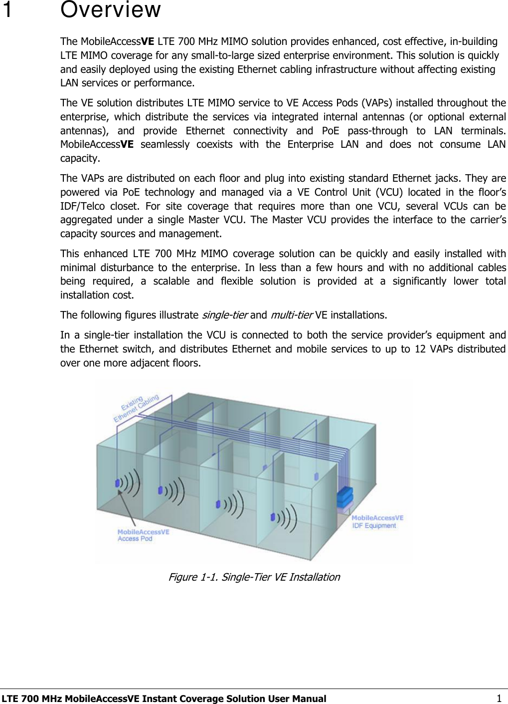  LTE 700 MHz MobileAccessVE Instant Coverage Solution User Manual  1 1   Overview The MobileAccessVE LTE 700 MHz MIMO solution provides enhanced, cost effective, in-building LTE MIMO coverage for any small-to-large sized enterprise environment. This solution is quickly and easily deployed using the existing Ethernet cabling infrastructure without affecting existing LAN services or performance.  The VE solution distributes LTE MIMO service to VE Access Pods (VAPs) installed throughout the enterprise,  which  distribute  the  services  via  integrated  internal  antennas  (or  optional  external antennas),  and  provide  Ethernet  connectivity  and  PoE  pass-through  to  LAN  terminals. MobileAccessVE  seamlessly  coexists  with  the  Enterprise  LAN  and  does  not  consume  LAN capacity. The VAPs are distributed on each floor and plug into existing standard Ethernet jacks. They are powered  via  PoE  technology  and  managed  via  a  VE Control  Unit  (VCU)  located  in  the  floor’s IDF/Telco  closet.  For  site  coverage  that  requires  more  than  one  VCU,  several  VCUs  can  be aggregated  under a  single  Master  VCU. The  Master VCU  provides  the  interface  to the  carrier’s capacity sources and management. This  enhanced  LTE  700  MHz  MIMO  coverage  solution  can  be  quickly  and  easily  installed  with minimal  disturbance  to  the  enterprise.  In less  than  a  few  hours  and  with  no  additional  cables being  required,  a  scalable  and  flexible  solution  is  provided  at  a  significantly  lower  total installation cost. The following figures illustrate single-tier and multi-tier VE installations. In a  single-tier  installation  the VCU  is connected  to  both  the service  provider’s  equipment  and the Ethernet  switch, and distributes Ethernet  and mobile  services  to up to  12  VAPs distributed over one more adjacent floors.  Figure 1-1. Single-Tier VE Installation 