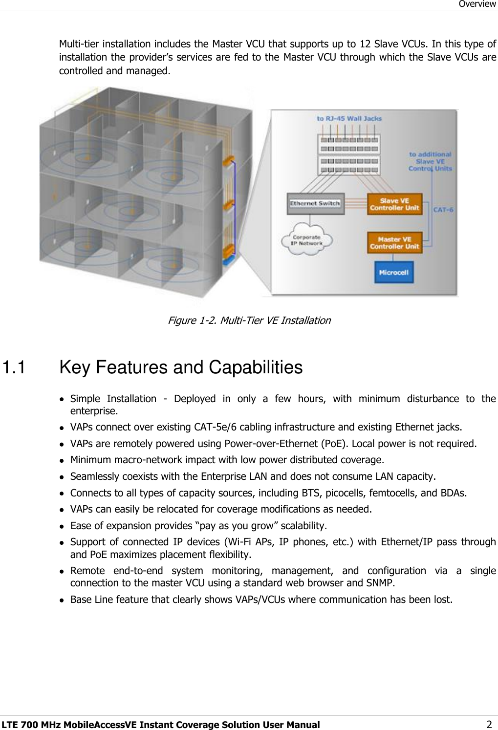 Overview LTE 700 MHz MobileAccessVE Instant Coverage Solution User Manual  2 Multi-tier installation includes the Master VCU that supports up to 12 Slave VCUs. In this type of installation the provider’s services are fed to the Master VCU through which the Slave VCUs are controlled and managed.   Figure 1-2. Multi-Tier VE Installation 1.1  Key Features and Capabilities  Simple  Installation  -  Deployed  in  only  a  few  hours,  with  minimum  disturbance  to  the enterprise.  VAPs connect over existing CAT-5e/6 cabling infrastructure and existing Ethernet jacks.  VAPs are remotely powered using Power-over-Ethernet (PoE). Local power is not required.  Minimum macro-network impact with low power distributed coverage.  Seamlessly coexists with the Enterprise LAN and does not consume LAN capacity.  Connects to all types of capacity sources, including BTS, picocells, femtocells, and BDAs.  VAPs can easily be relocated for coverage modifications as needed.  Ease of expansion provides “pay as you grow” scalability.  Support of  connected  IP  devices  (Wi-Fi  APs, IP  phones,  etc.) with  Ethernet/IP pass  through and PoE maximizes placement flexibility.  Remote  end-to-end  system  monitoring,  management,  and  configuration  via  a  single connection to the master VCU using a standard web browser and SNMP.  Base Line feature that clearly shows VAPs/VCUs where communication has been lost. 