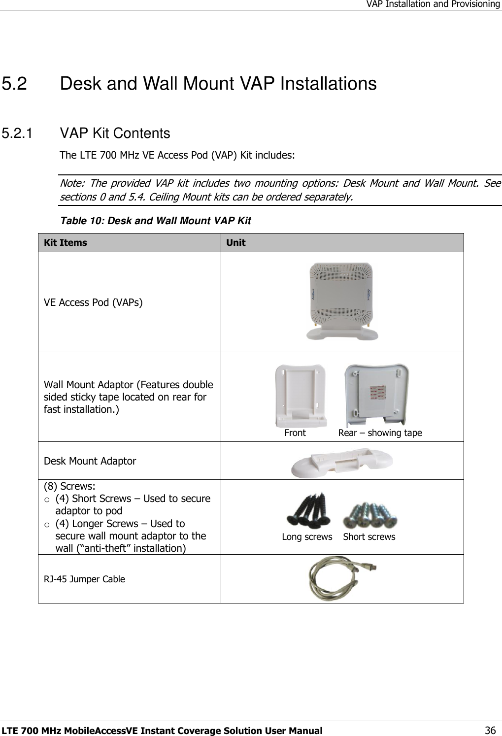 VAP Installation and Provisioning LTE 700 MHz MobileAccessVE Instant Coverage Solution User Manual  36  5.2  Desk and Wall Mount VAP Installations 5.2.1  VAP Kit Contents The LTE 700 MHz VE Access Pod (VAP) Kit includes:  Note:  The  provided  VAP  kit  includes two  mounting  options:  Desk  Mount  and  Wall  Mount.  See sections 0 and 5.4. Ceiling Mount kits can be ordered separately. Table 10: Desk and Wall Mount VAP Kit Kit Items Unit  VE Access Pod (VAPs)                         Wall Mount Adaptor (Features double sided sticky tape located on rear for fast installation.)                       Desk Mount Adaptor  (8) Screws: o (4) Short Screws – Used to secure adaptor to pod o (4) Longer Screws – Used to secure wall mount adaptor to the wall (“anti-theft” installation)           RJ-45 Jumper Cable   Front Rear – showing tape  Long screws Short screws 