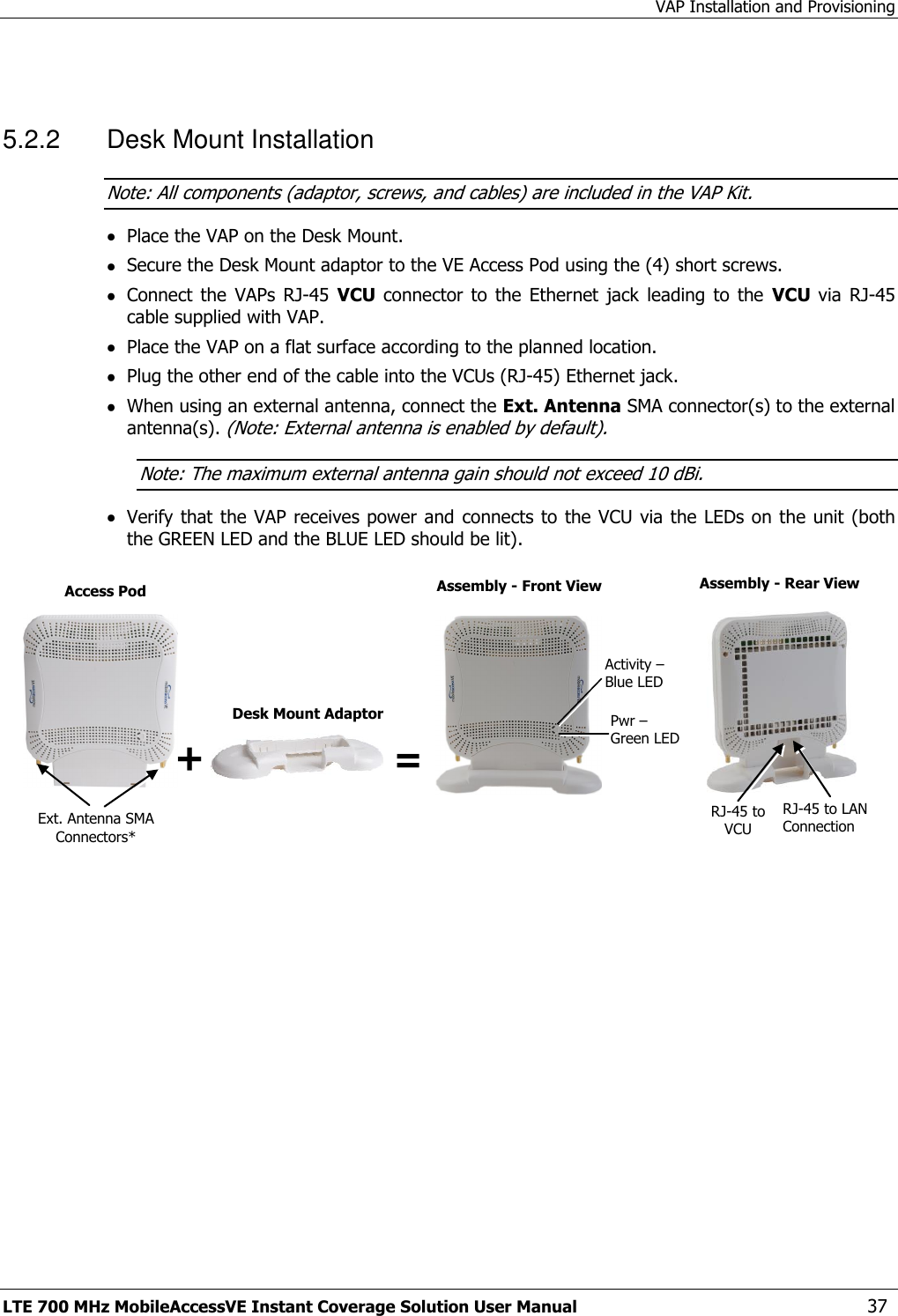 VAP Installation and Provisioning LTE 700 MHz MobileAccessVE Instant Coverage Solution User Manual  37  5.2.2  Desk Mount Installation  Note: All components (adaptor, screws, and cables) are included in the VAP Kit.  Place the VAP on the Desk Mount.   Secure the Desk Mount adaptor to the VE Access Pod using the (4) short screws.   Connect  the  VAPs  RJ-45  VCU  connector  to  the  Ethernet  jack  leading  to  the  VCU  via  RJ-45 cable supplied with VAP.  Place the VAP on a flat surface according to the planned location.  Plug the other end of the cable into the VCUs (RJ-45) Ethernet jack.   When using an external antenna, connect the Ext. Antenna SMA connector(s) to the external antenna(s). (Note: External antenna is enabled by default). Note: The maximum external antenna gain should not exceed 10 dBi.  Verify that the VAP receives power and  connects to the VCU via the LEDs on the unit (both the GREEN LED and the BLUE LED should be lit).  Desk Mount Adaptor Ext. Antenna SMA Connectors* RJ-45 to LAN Connection  RJ-45 to VCU  Access Pod Assembly - Front View Assembly - Rear View Activity – Blue LED Pwr – Green LED + = 