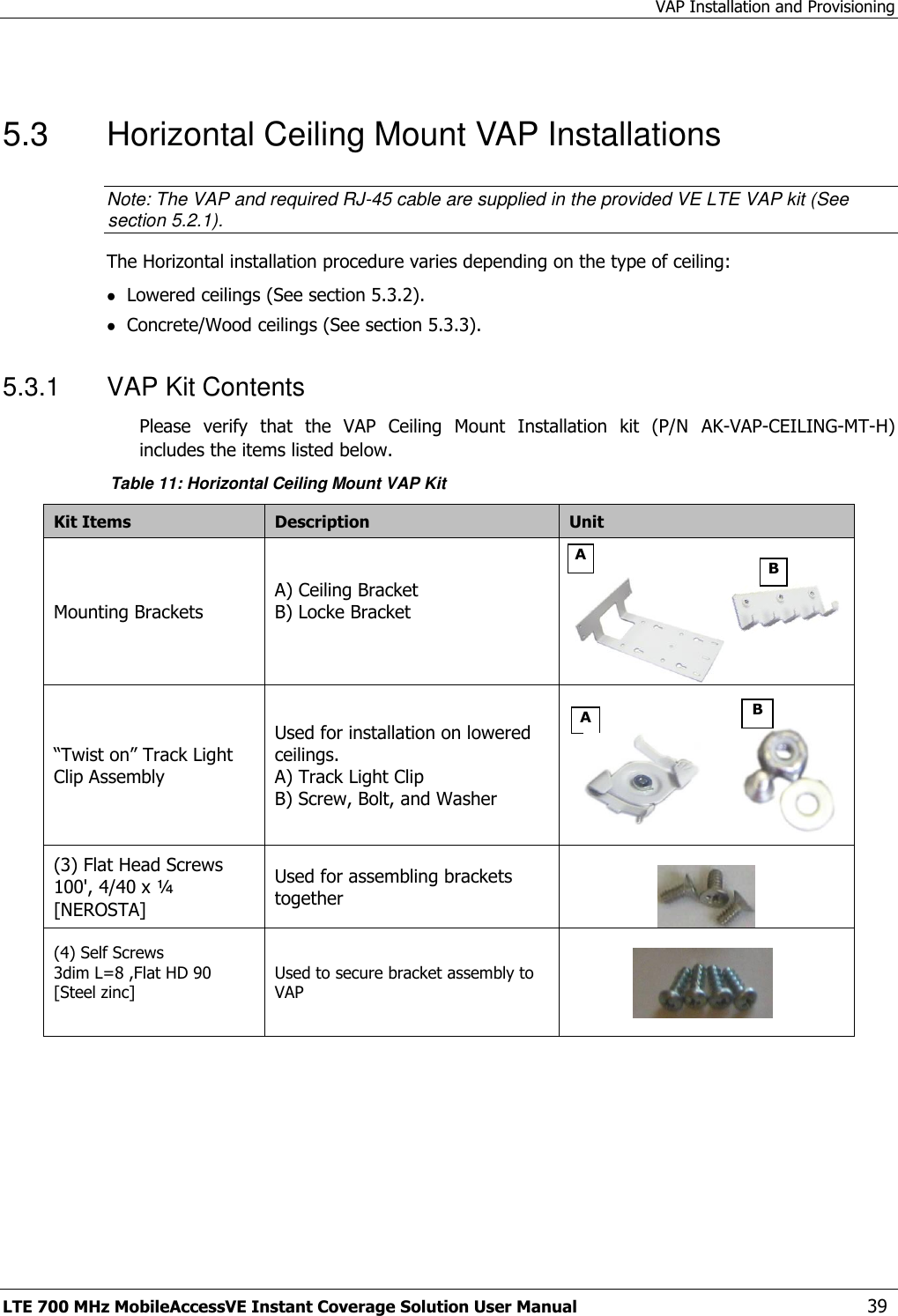 VAP Installation and Provisioning LTE 700 MHz MobileAccessVE Instant Coverage Solution User Manual  39  5.3  Horizontal Ceiling Mount VAP Installations Note: The VAP and required RJ-45 cable are supplied in the provided VE LTE VAP kit (See section 5.2.1). The Horizontal installation procedure varies depending on the type of ceiling:  Lowered ceilings (See section 5.3.2).  Concrete/Wood ceilings (See section 5.3.3). 5.3.1  VAP Kit Contents Please  verify  that  the  VAP  Ceiling  Mount  Installation  kit  (P/N  AK-VAP-CEILING-MT-H) includes the items listed below. Table 11: Horizontal Ceiling Mount VAP Kit Kit Items  Description Unit  Mounting Brackets A) Ceiling Bracket  B) Locke Bracket                       “Twist on” Track Light Clip Assembly Used for installation on lowered ceilings. A) Track Light Clip B) Screw, Bolt, and Washer   (3) Flat Head Screws 100&apos;, 4/40 x ¼ [NEROSTA] Used for assembling brackets together   (4) Self Screws 3dim L=8 ,Flat HD 90 [Steel zinc]  Used to secure bracket assembly to VAP    A B A B 