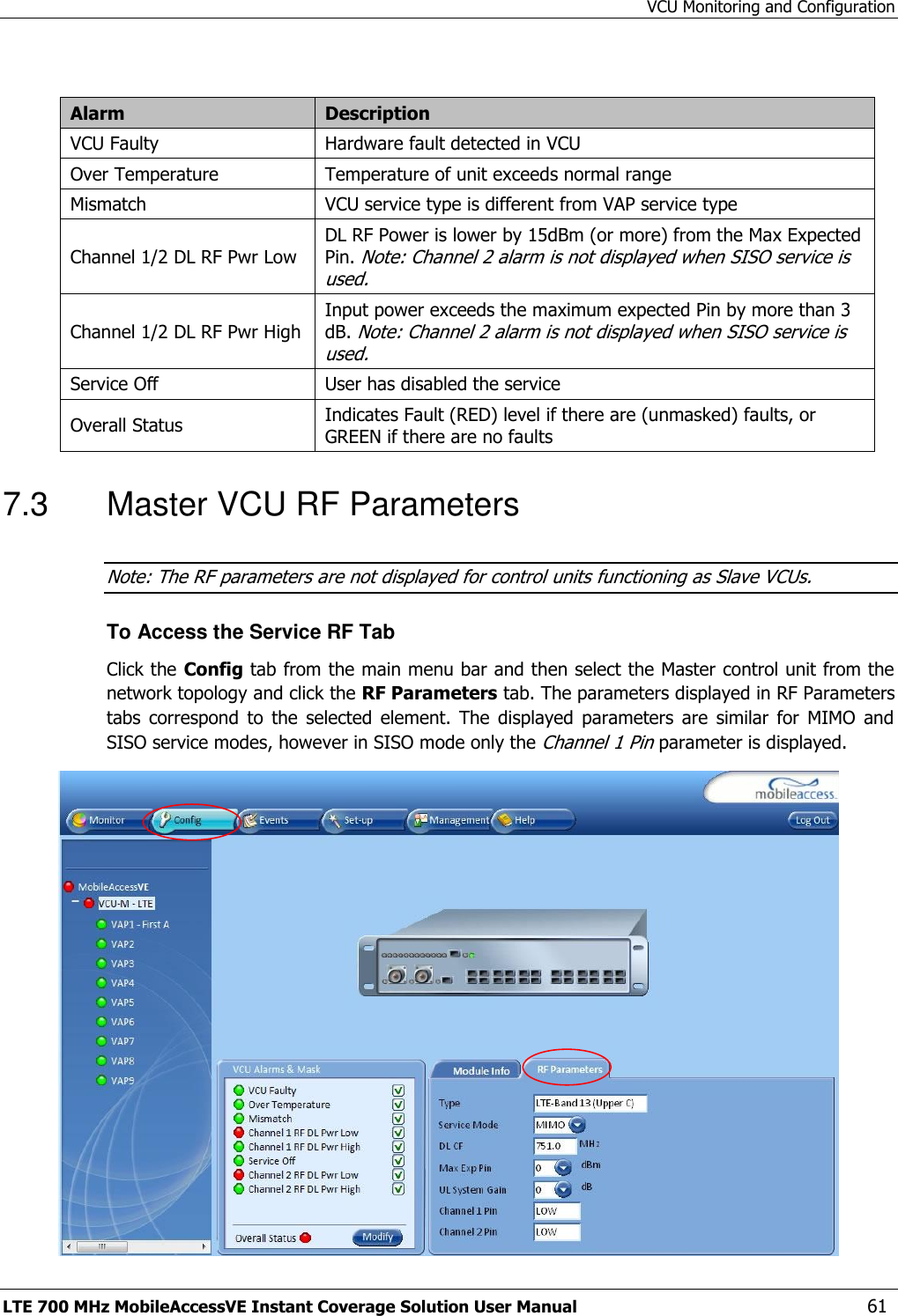 VCU Monitoring and Configuration LTE 700 MHz MobileAccessVE Instant Coverage Solution User Manual  61  Alarm Description VCU Faulty Hardware fault detected in VCU Over Temperature Temperature of unit exceeds normal range Mismatch VCU service type is different from VAP service type Channel 1/2 DL RF Pwr Low  DL RF Power is lower by 15dBm (or more) from the Max Expected Pin. Note: Channel 2 alarm is not displayed when SISO service is used. Channel 1/2 DL RF Pwr High Input power exceeds the maximum expected Pin by more than 3 dB. Note: Channel 2 alarm is not displayed when SISO service is used. Service Off User has disabled the service Overall Status Indicates Fault (RED) level if there are (unmasked) faults, or GREEN if there are no faults 7.3  Master VCU RF Parameters Note: The RF parameters are not displayed for control units functioning as Slave VCUs.  To Access the Service RF Tab Click the Config tab from the main menu bar and then select the Master control unit from the network topology and click the RF Parameters tab. The parameters displayed in RF Parameters tabs  correspond  to  the  selected  element.  The  displayed  parameters  are  similar  for  MIMO  and SISO service modes, however in SISO mode only the Channel 1 Pin parameter is displayed.  