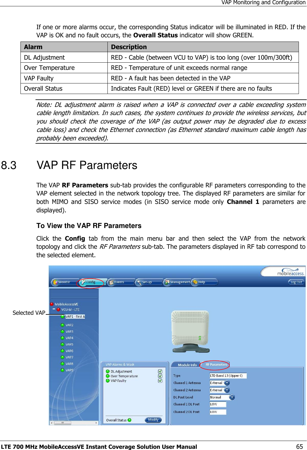 VAP Monitoring and Configuration LTE 700 MHz MobileAccessVE Instant Coverage Solution User Manual  65 If one or more alarms occur, the corresponding Status indicator will be illuminated in RED. If the VAP is OK and no fault occurs, the Overall Status indicator will show GREEN. Alarm Description DL Adjustment RED - Cable (between VCU to VAP) is too long (over 100m/300ft)  Over Temperature RED - Temperature of unit exceeds normal range VAP Faulty RED - A fault has been detected in the VAP Overall Status Indicates Fault (RED) level or GREEN if there are no faults Note:  DL adjustment alarm  is raised when  a VAP is  connected  over  a cable  exceeding  system cable length limitation. In such cases, the system continues to provide the wireless services, but you  should  check  the  coverage  of  the  VAP  (as  output  power  may  be  degraded  due  to  excess cable loss) and check the Ethernet connection (as Ethernet standard maximum cable length has probably been exceeded). 8.3  VAP RF Parameters The VAP RF Parameters sub-tab provides the configurable RF parameters corresponding to the VAP element selected in the network topology tree. The displayed RF parameters are similar for both  MIMO  and  SISO  service  modes  (in  SISO  service  mode  only  Channel  1  parameters  are displayed). To View the VAP RF Parameters Click  the  Config  tab  from  the  main  menu  bar  and  then  select  the  VAP  from  the  network topology and click the RF Parameters sub-tab. The parameters displayed in RF tab correspond to the selected element.  Selected VAP 