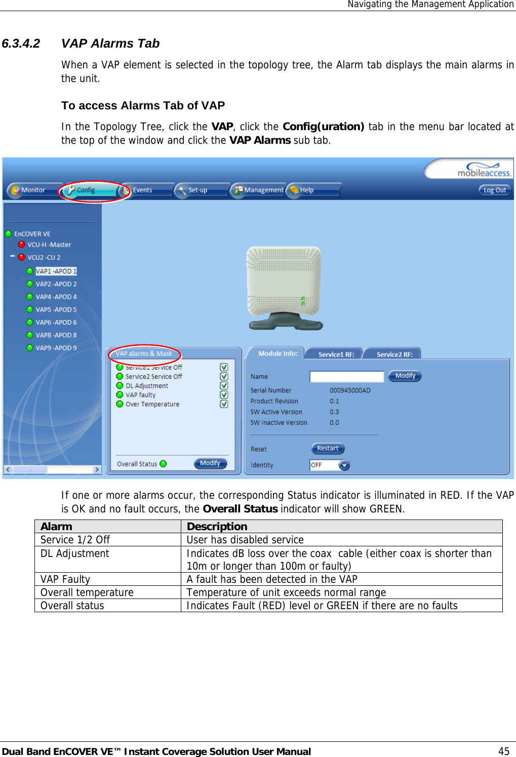 Navigating the Management Application Dual Band EnCOVER VE™ Instant Coverage Solution User Manual  45 6.3.4.2  VAP Alarms Tab  When a VAP element is selected in the topology tree, the Alarm tab displays the main alarms in the unit. To access Alarms Tab of VAP In the Topology Tree, click the VAP, click the Config(uration) tab in the menu bar located at the top of the window and click the VAP Alarms sub tab.  If one or more alarms occur, the corresponding Status indicator is illuminated in RED. If the VAP is OK and no fault occurs, the Overall Status indicator will show GREEN. Alarm  Description Service 1/2 Off  User has disabled service DL Adjustment  Indicates dB loss over the coax  cable (either coax is shorter than 10m or longer than 100m or faulty) VAP Faulty  A fault has been detected in the VAP Overall temperature  Temperature of unit exceeds normal range Overall status  Indicates Fault (RED) level or GREEN if there are no faults  