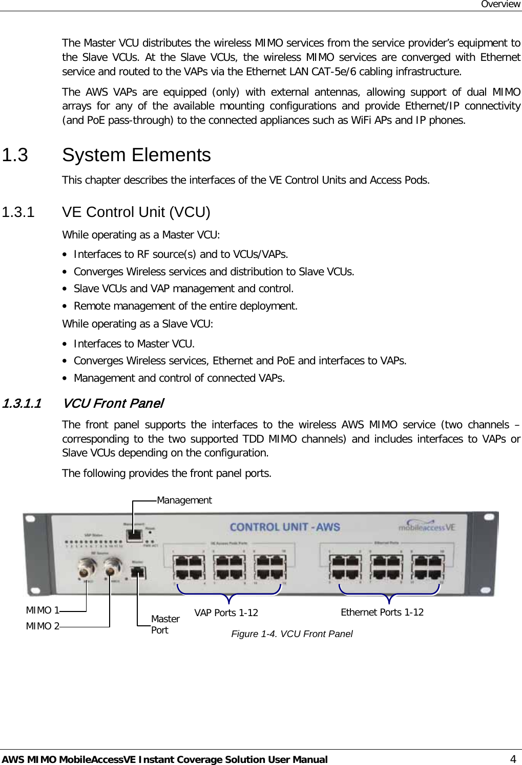 Overview AWS MIMO MobileAccessVE Instant Coverage Solution User Manual  4 The Master VCU distributes the wireless MIMO services from the service provider’s equipment to the Slave VCUs. At the Slave VCUs, the wireless MIMO services are converged with Ethernet service and routed to the VAPs via the Ethernet LAN CAT-5e/6 cabling infrastructure. The  AWS VAPs are equipped (only) with external antennas, allowing support of dual MIMO arrays for any of the available mounting configurations and provide Ethernet/IP connectivity (and PoE pass-through) to the connected appliances such as WiFi APs and IP phones. 1.3  System Elements This chapter describes the interfaces of the VE Control Units and Access Pods.  1.3.1  VE Control Unit (VCU) While operating as a Master VCU: • Interfaces to RF source(s) and to VCUs/VAPs. • Converges Wireless services and distribution to Slave VCUs. • Slave VCUs and VAP management and control. • Remote management of the entire deployment. While operating as a Slave VCU: • Interfaces to Master VCU. • Converges Wireless services, Ethernet and PoE and interfaces to VAPs. • Management and control of connected VAPs. 1.3.1.1 VCU Front Panel The front panel supports the interfaces to the wireless AWS MIMO service (two channels – corresponding to the two supported TDD MIMO channels) and includes interfaces to VAPs or Slave VCUs depending on the configuration. The following provides the front panel ports.        Figure  1-4. VCU Front Panel Ethernet Ports 1-12 VAP Ports 1-12 Management  MIMO 2   MIMO 1   Master Port   