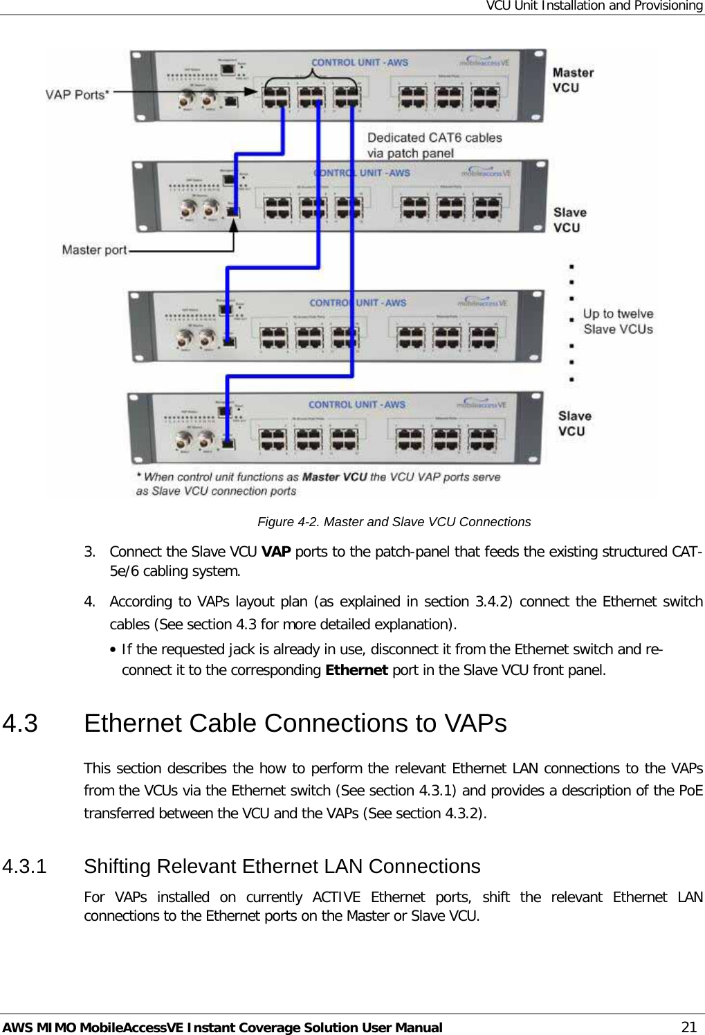 VCU Unit Installation and Provisioning AWS MIMO MobileAccessVE Instant Coverage Solution User Manual  21  Figure  4-2. Master and Slave VCU Connections 3.  Connect the Slave VCU VAP ports to the patch-panel that feeds the existing structured CAT-5e/6 cabling system. 4.  According to VAPs layout plan (as explained in section  3.4.2) connect the Ethernet switch cables (See section  4.3 for more detailed explanation). • If the requested jack is already in use, disconnect it from the Ethernet switch and re-connect it to the corresponding Ethernet port in the Slave VCU front panel. 4.3  Ethernet Cable Connections to VAPs This section describes the how to perform the relevant Ethernet LAN connections to the VAPs from the VCUs via the Ethernet switch (See section  4.3.1) and provides a description of the PoE transferred between the VCU and the VAPs (See section  4.3.2). 4.3.1  Shifting Relevant Ethernet LAN Connections For VAPs installed on currently ACTIVE Ethernet ports, shift the relevant Ethernet LAN connections to the Ethernet ports on the Master or Slave VCU.   