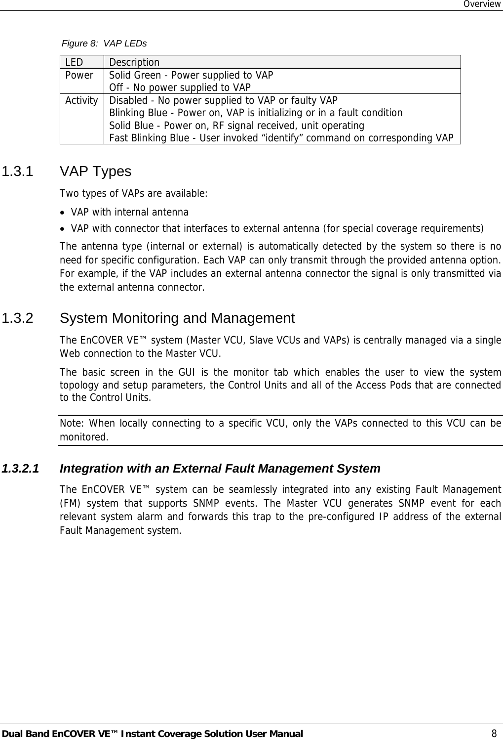 Overview Dual Band EnCOVER VE™ Instant Coverage Solution User Manual  8 Figure 8:  VAP LEDs LED  Description Power  Solid Green - Power supplied to VAP Off - No power supplied to VAP Activity  Disabled - No power supplied to VAP or faulty VAP Blinking Blue - Power on, VAP is initializing or in a fault condition  Solid Blue - Power on, RF signal received, unit operating  Fast Blinking Blue - User invoked “identify” command on corresponding VAP 1.3.1 VAP Types Two types of VAPs are available: • VAP with internal antenna • VAP with connector that interfaces to external antenna (for special coverage requirements) The antenna type (internal or external) is automatically detected by the system so there is no need for specific configuration. Each VAP can only transmit through the provided antenna option. For example, if the VAP includes an external antenna connector the signal is only transmitted via the external antenna connector. 1.3.2  System Monitoring and Management The EnCOVER VE™ system (Master VCU, Slave VCUs and VAPs) is centrally managed via a single Web connection to the Master VCU.   The basic screen in the GUI is the monitor tab which enables the user to view the system topology and setup parameters, the Control Units and all of the Access Pods that are connected to the Control Units. Note: When locally connecting to a specific VCU, only the VAPs connected to this VCU can be monitored. 1.3.2.1  Integration with an External Fault Management System The EnCOVER VE™ system can be seamlessly integrated into any existing Fault Management (FM) system that supports SNMP events. The Master VCU generates SNMP event for each relevant system alarm and forwards this trap to the pre-configured IP address of the external Fault Management system.  