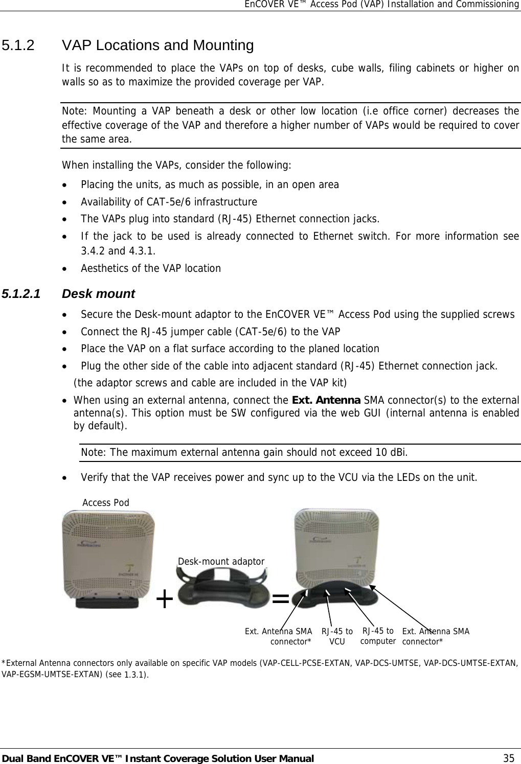 EnCOVER VE™ Access Pod (VAP) Installation and Commissioning Dual Band EnCOVER VE™ Instant Coverage Solution User Manual  35 5.1.2  VAP Locations and Mounting  It is recommended to place the VAPs on top of desks, cube walls, filing cabinets or higher on walls so as to maximize the provided coverage per VAP. Note: Mounting a VAP beneath a desk or other low location (i.e office corner) decreases the effective coverage of the VAP and therefore a higher number of VAPs would be required to cover the same area. When installing the VAPs, consider the following: • Placing the units, as much as possible, in an open area • Availability of CAT-5e/6 infrastructure • The VAPs plug into standard (RJ-45) Ethernet connection jacks. • If the jack to be used is already connected to Ethernet switch. For more information see  3.4.2 and  4.3.1. • Aesthetics of the VAP location 5.1.2.1 Desk mount • Secure the Desk-mount adaptor to the EnCOVER VE™ Access Pod using the supplied screws  • Connect the RJ-45 jumper cable (CAT-5e/6) to the VAP • Place the VAP on a flat surface according to the planed location • Plug the other side of the cable into adjacent standard (RJ-45) Ethernet connection jack. (the adaptor screws and cable are included in the VAP kit)  • When using an external antenna, connect the Ext. Antenna SMA connector(s) to the external antenna(s). This option must be SW configured via the web GUI (internal antenna is enabled by default). Note: The maximum external antenna gain should not exceed 10 dBi. • Verify that the VAP receives power and sync up to the VCU via the LEDs on the unit.  + =    *External Antenna connectors only available on specific VAP models (VAP-CELL-PCSE-EXTAN, VAP-DCS-UMTSE, VAP-DCS-UMTSE-EXTAN, VAP-EGSM-UMTSE-EXTAN) (see  1.3.1). Desk-mount adaptorAccess Pod Ext. Antenna SMA connector* RJ-45 to computer  Ext. Antenna SMA connector* RJ-45 to VCU 