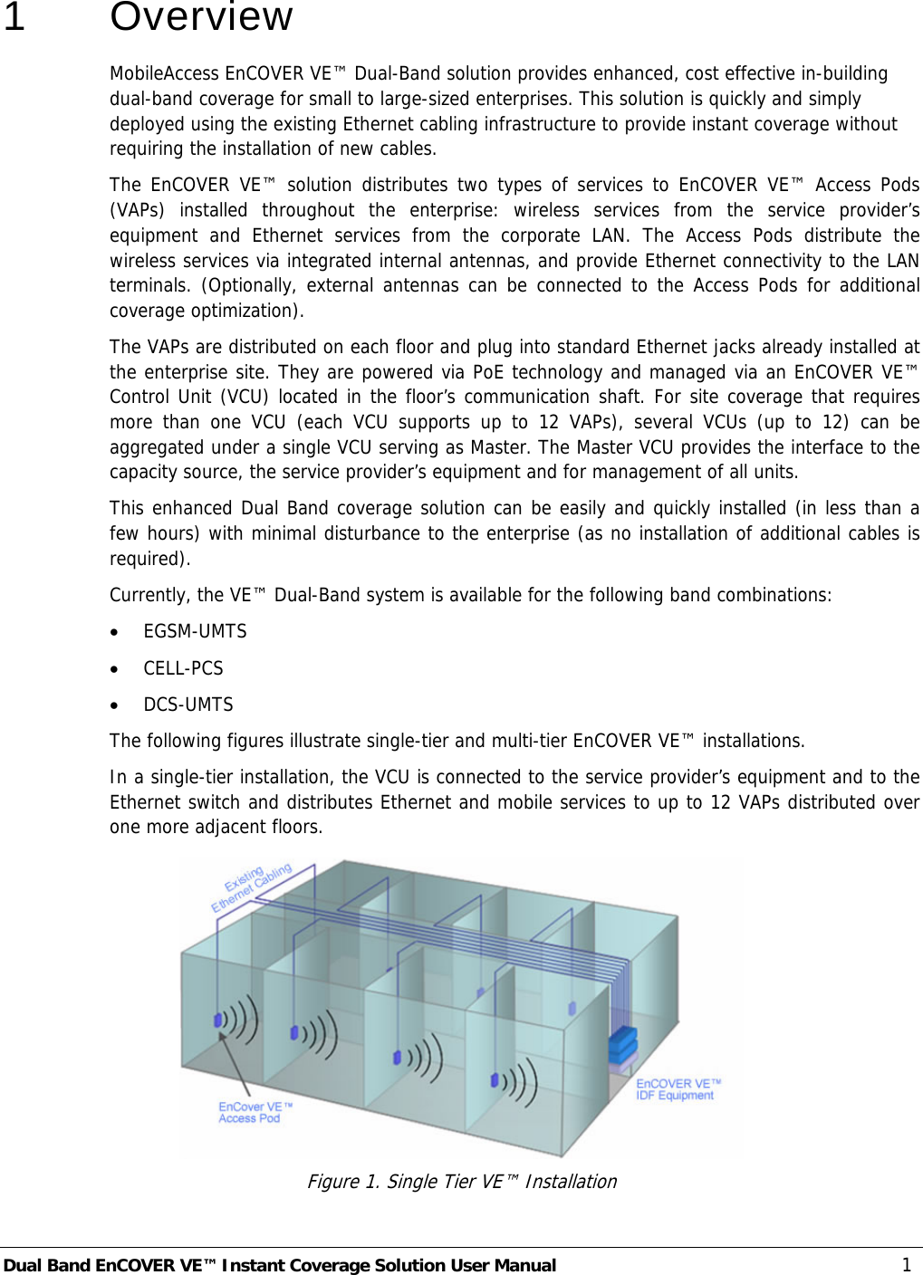  Dual Band EnCOVER VE™ Instant Coverage Solution User Manual  1 1   Overview MobileAccess EnCOVER VE™ Dual-Band solution provides enhanced, cost effective in-building dual-band coverage for small to large-sized enterprises. This solution is quickly and simply deployed using the existing Ethernet cabling infrastructure to provide instant coverage without requiring the installation of new cables. The EnCOVER VE™ solution distributes two types of services to EnCOVER VE™ Access Pods (VAPs) installed throughout the enterprise: wireless services from the service provider’s equipment and Ethernet services from the corporate LAN. The Access Pods distribute the wireless services via integrated internal antennas, and provide Ethernet connectivity to the LAN terminals. (Optionally, external antennas can be connected to the Access Pods for additional coverage optimization). The VAPs are distributed on each floor and plug into standard Ethernet jacks already installed at the enterprise site. They are powered via PoE technology and managed via an EnCOVER VE™ Control Unit (VCU) located in the floor’s communication shaft. For site coverage that requires more than one VCU (each VCU supports up to 12 VAPs), several VCUs (up to 12) can be aggregated under a single VCU serving as Master. The Master VCU provides the interface to the capacity source, the service provider’s equipment and for management of all units. This enhanced Dual Band coverage solution can be easily and quickly installed (in less than a few hours) with minimal disturbance to the enterprise (as no installation of additional cables is required). Currently, the VE™ Dual-Band system is available for the following band combinations:  • EGSM-UMTS • CELL-PCS • DCS-UMTS The following figures illustrate single-tier and multi-tier EnCOVER VE™ installations. In a single-tier installation, the VCU is connected to the service provider’s equipment and to the Ethernet switch and distributes Ethernet and mobile services to up to 12 VAPs distributed over one more adjacent floors.  Figure 1. Single Tier VE™ Installation 