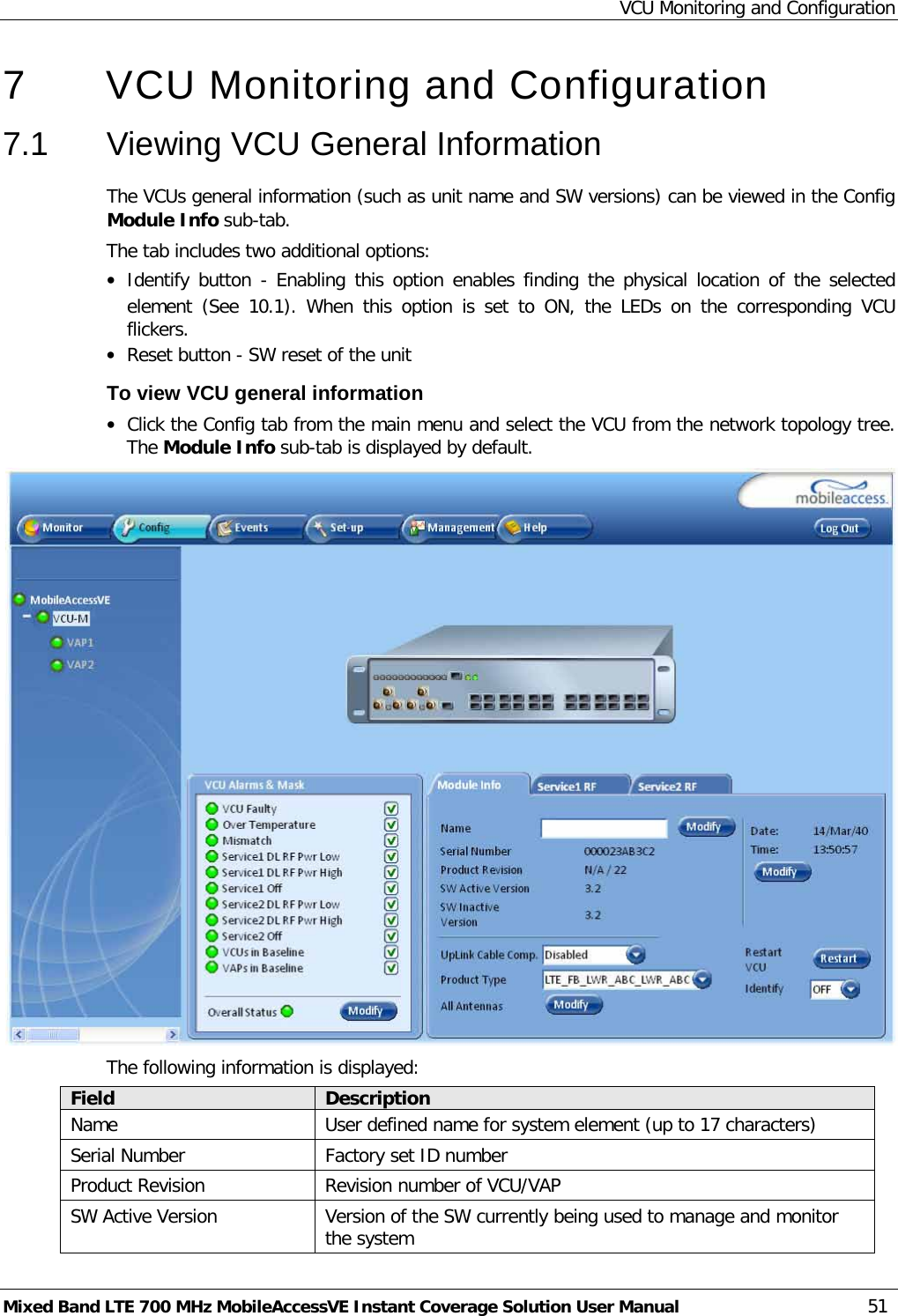 VCU Monitoring and Configuration Mixed Band LTE 700 MHz MobileAccessVE Instant Coverage Solution User Manual  51 7  VCU Monitoring and Configuration  7.1  Viewing VCU General Information The VCUs general information (such as unit name and SW versions) can be viewed in the Config Module Info sub-tab. The tab includes two additional options: • Identify button - Enabling this option enables finding the physical location of the selected element  (See  10.1). When this option is set to ON, the LEDs on the corresponding VCU flickers. • Reset button - SW reset of the unit To view VCU general information • Click the Config tab from the main menu and select the VCU from the network topology tree. The Module Info sub-tab is displayed by default.  The following information is displayed: Field Description Name User defined name for system element (up to 17 characters) Serial Number Factory set ID number Product Revision Revision number of VCU/VAP SW Active Version Version of the SW currently being used to manage and monitor the system 