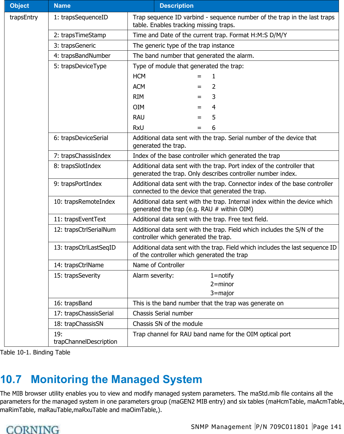  SNMP Management P/N 709C011801 Page 141   Object Name Description trapsEntry 1: trapsSequenceID Trap sequence ID varbind - sequence number of the trap in the last traps table. Enables tracking missing traps. 2: trapsTimeStamp Time and Date of the current trap. Format H:M:S D/M/Y 3: trapsGeneric The generic type of the trap instance 4: trapsBandNumber The band number that generated the alarm. 5: trapsDeviceType Type of module that generated the trap: HCM  =  1 ACM  =  2 RIM  =  3 OIM  =  4 RAU  =  5 RxU  =  6 6: trapsDeviceSerial Additional data sent with the trap. Serial number of the device that generated the trap.  7: trapsChassisIndex Index of the base controller which generated the trap 8: trapsSlotIndex Additional data sent with the trap. Port index of the controller that generated the trap. Only describes controller number index. 9: trapsPortIndex Additional data sent with the trap. Connector index of the base controller connected to the device that generated the trap. 10: trapsRemoteIndex Additional data sent with the trap. Internal index within the device which generated the trap (e.g. RAU # within OIM) 11: trapsEventText Additional data sent with the trap. Free text field. 12: trapsCtrlSerialNum Additional data sent with the trap. Field which includes the S/N of the controller which generated the trap.   13: trapsCtrlLastSeqID Additional data sent with the trap. Field which includes the last sequence ID of the controller which generated the trap 14: trapsCtrlName Name of Controller 15: trapsSeverity Alarm severity:   1=notify 2=minor 3=major 16: trapsBand This is the band number that the trap was generate on 17: trapsChassisSerial Chassis Serial number 18: trapChassisSN Chassis SN of the module 19: trapChannelDescription Trap channel for RAU band name for the OIM optical port Table  10-1. Binding Table  10.7  Monitoring the Managed System The MIB browser utility enables you to view and modify managed system parameters. The maStd.mib file contains all the parameters for the managed system in one parameters group (maGEN2 MIB entry) and six tables (maHcmTable, maAcmTable, maRimTable, maRauTable,maRxuTable and maOimTable,). 