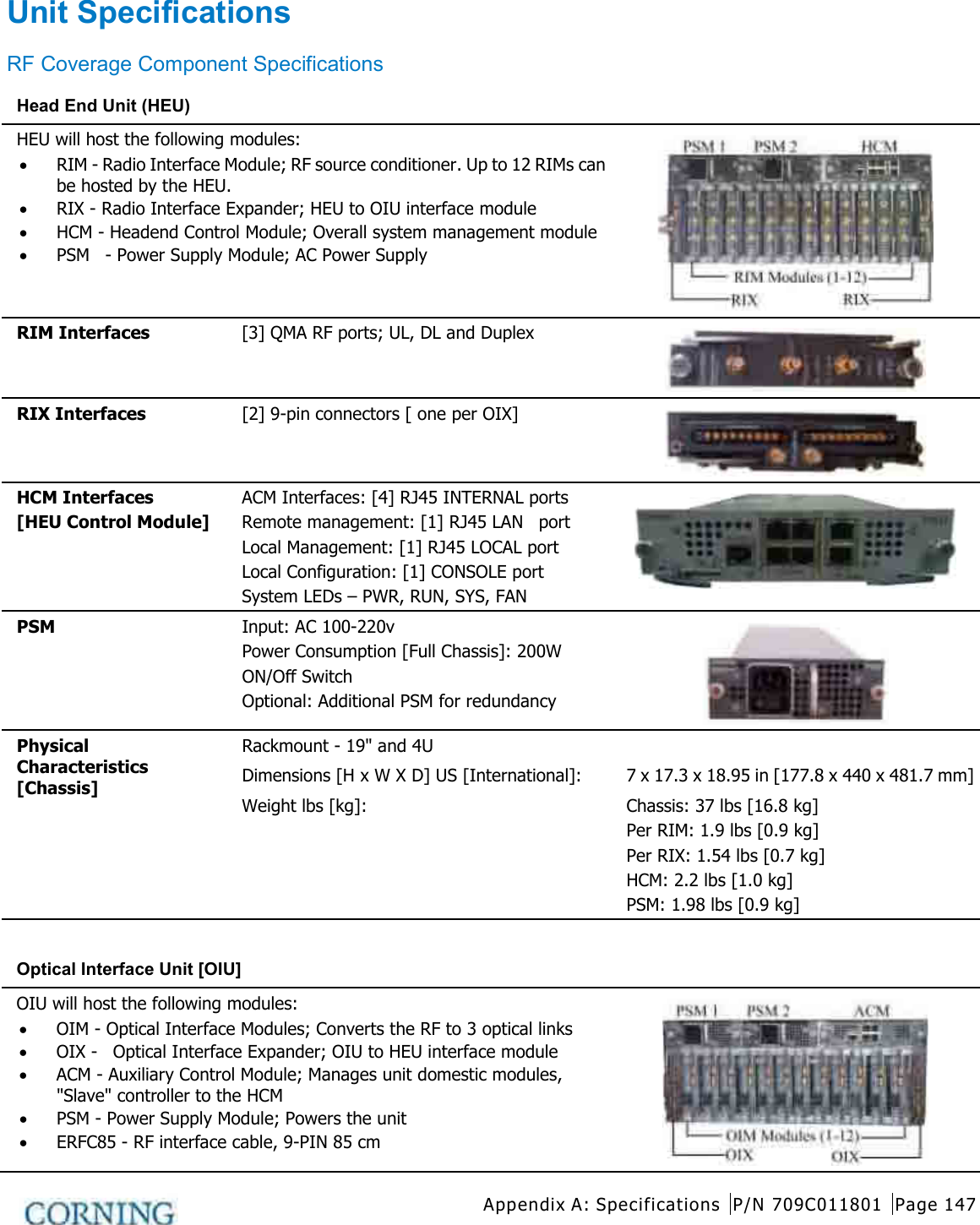  Appendix A: Specifications P/N 709C011801 Page 147   Unit Specifications RF Coverage Component Specifications Head End Unit (HEU) HEU will host the following modules: • RIM - Radio Interface Module; RF source conditioner. Up to 12 RIMs can be hosted by the HEU. • RIX - Radio Interface Expander; HEU to OIU interface module • HCM - Headend Control Module; Overall system management module • PSM  - Power Supply Module; AC Power Supply  RIM Interfaces [3] QMA RF ports; UL, DL and Duplex  RIX Interfaces [2] 9-pin connectors [ one per OIX]  HCM Interfaces [HEU Control Module] ACM Interfaces: [4] RJ45 INTERNAL ports Remote management: [1] RJ45 LAN    port Local Management: [1] RJ45 LOCAL port   Local Configuration: [1] CONSOLE port System LEDs – PWR, RUN, SYS, FAN    PSM    Input: AC 100-220v Power Consumption [Full Chassis]: 200W ON/Off Switch Optional: Additional PSM for redundancy  Physical Characteristics [Chassis]  Rackmount - 19&quot; and 4U Dimensions [H x W X D] US [International]:   7 x 17.3 x 18.95 in [177.8 x 440 x 481.7 mm] Weight lbs [kg]:   Chassis: 37 lbs [16.8 kg] Per RIM: 1.9 lbs [0.9 kg] Per RIX: 1.54 lbs [0.7 kg] HCM: 2.2 lbs [1.0 kg] PSM: 1.98 lbs [0.9 kg]  Optical Interface Unit [OIU] OIU will host the following modules: • OIM - Optical Interface Modules; Converts the RF to 3 optical links • OIX -  Optical Interface Expander; OIU to HEU interface module • ACM - Auxiliary Control Module; Manages unit domestic modules, &quot;Slave&quot; controller to the HCM • PSM - Power Supply Module; Powers the unit   • ERFC85 - RF interface cable, 9-PIN 85 cm  