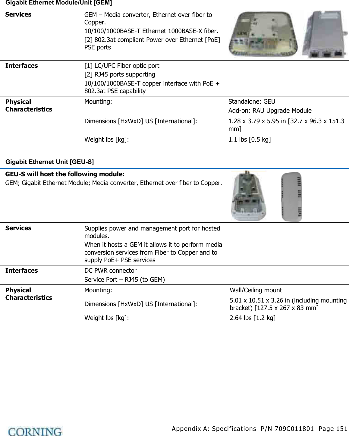  Appendix A: Specifications P/N 709C011801 Page 151   Gigabit Ethernet Module/Unit [GEM]/GEU]     Services GEM – Media converter, Ethernet over fiber to Copper. 10/100/1000BASE-T Ethernet 1000BASE-X fiber. [2] 802.3at compliant Power over Ethernet [PoE] PSE ports   Interfaces   [1] LC/UPC Fiber optic port [2] RJ45 ports supporting   10/100/1000BASE-T copper interface with PoE + 802.3at PSE capability  Physical Characteristics  Mounting: Standalone: GEU     Add-on: RAU Upgrade Module Dimensions [HxWxD] US [International]: 1.28 x 3.79 x 5.95 in [32.7 x 96.3 x 151.3 mm]   Weight lbs [kg]: 1.1 lbs [0.5 kg]    Gigabit Ethernet Unit [GEU-S]    GEU-S will host the following module: GEM; Gigabit Ethernet Module; Media converter, Ethernet over fiber to Copper.  Services Supplies power and management port for hosted modules. When it hosts a GEM it allows it to perform media conversion services from Fiber to Copper and to supply PoE+ PSE services         Interfaces   DC PWR connector Service Port – RJ45 (to GEM)  Physical Characteristics  Mounting: Wall/Ceiling mount Dimensions [HxWxD] US [International]: 5.01 x 10.51 x 3.26 in (including mounting bracket) [127.5 x 267 x 83 mm] Weight lbs [kg]: 2.64 lbs [1.2 kg]     