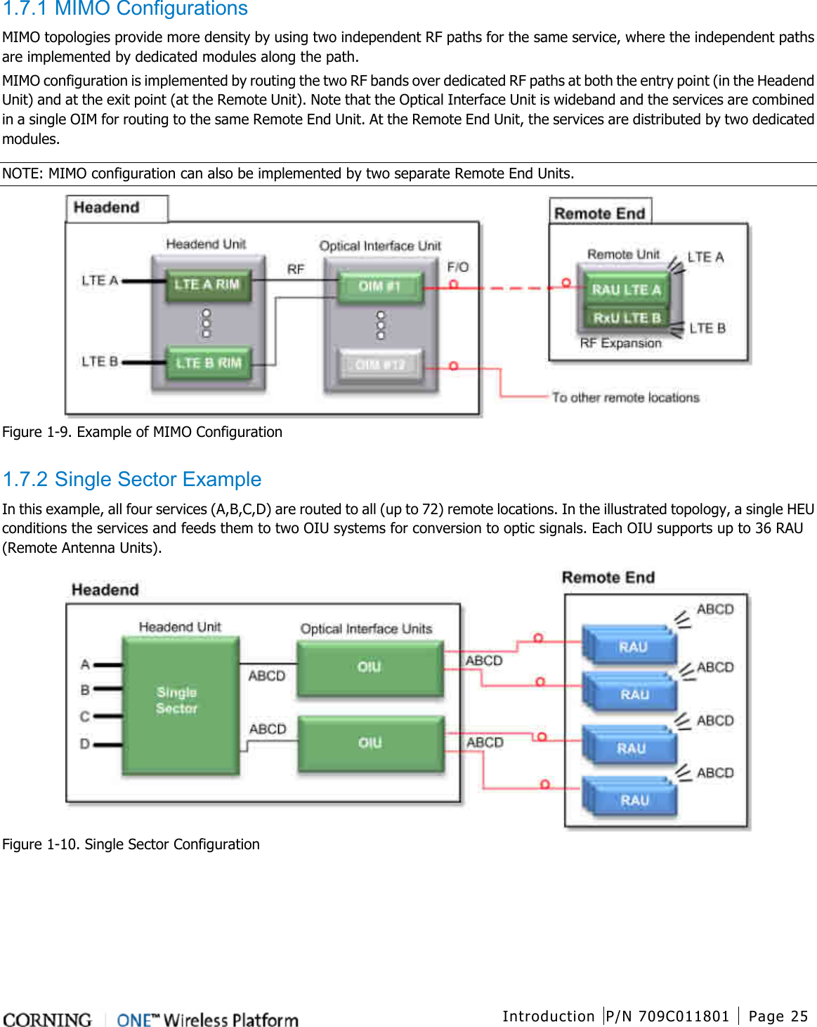  Introduction P/N 709C011801 Page 25   1.7.1 MIMO Configurations MIMO topologies provide more density by using two independent RF paths for the same service, where the independent paths are implemented by dedicated modules along the path. MIMO configuration is implemented by routing the two RF bands over dedicated RF paths at both the entry point (in the Headend Unit) and at the exit point (at the Remote Unit). Note that the Optical Interface Unit is wideband and the services are combined in a single OIM for routing to the same Remote End Unit. At the Remote End Unit, the services are distributed by two dedicated modules. NOTE: MIMO configuration can also be implemented by two separate Remote End Units.  Figure  1-9. Example of MIMO Configuration  1.7.2 Single Sector Example In this example, all four services (A,B,C,D) are routed to all (up to 72) remote locations. In the illustrated topology, a single HEU conditions the services and feeds them to two OIU systems for conversion to optic signals. Each OIU supports up to 36 RAU (Remote Antenna Units).  Figure  1-10. Single Sector Configuration    