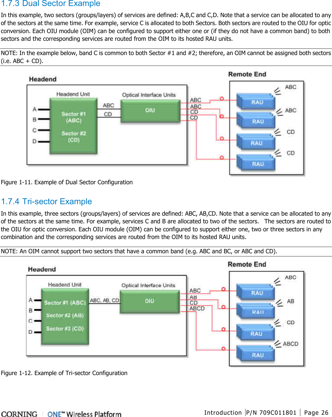  Introduction P/N 709C011801 Page 26   1.7.3 Dual Sector Example In this example, two sectors (groups/layers) of services are defined: A,B,C and C,D. Note that a service can be allocated to any of the sectors at the same time. For example, service C is allocated to both Sectors. Both sectors are routed to the OIU for optic conversion. Each OIU module (OIM) can be configured to support either one or (if they do not have a common band) to both sectors and the corresponding services are routed from the OIM to its hosted RAU units. NOTE: In the example below, band C is common to both Sector #1 and #2; therefore, an OIM cannot be assigned both sectors (i.e. ABC + CD).    Figure  1-11. Example of Dual Sector Configuration  1.7.4 Tri-sector Example In this example, three sectors (groups/layers) of services are defined: ABC, AB,CD. Note that a service can be allocated to any of the sectors at the same time. For example, services C and B are allocated to two of the sectors.    The sectors are routed to the OIU for optic conversion. Each OIU module (OIM) can be configured to support either one, two or three sectors in any combination and the corresponding services are routed from the OIM to its hosted RAU units. NOTE: An OIM cannot support two sectors that have a common band (e.g. ABC and BC, or ABC and CD).  Figure  1-12. Example of Tri-sector Configuration  