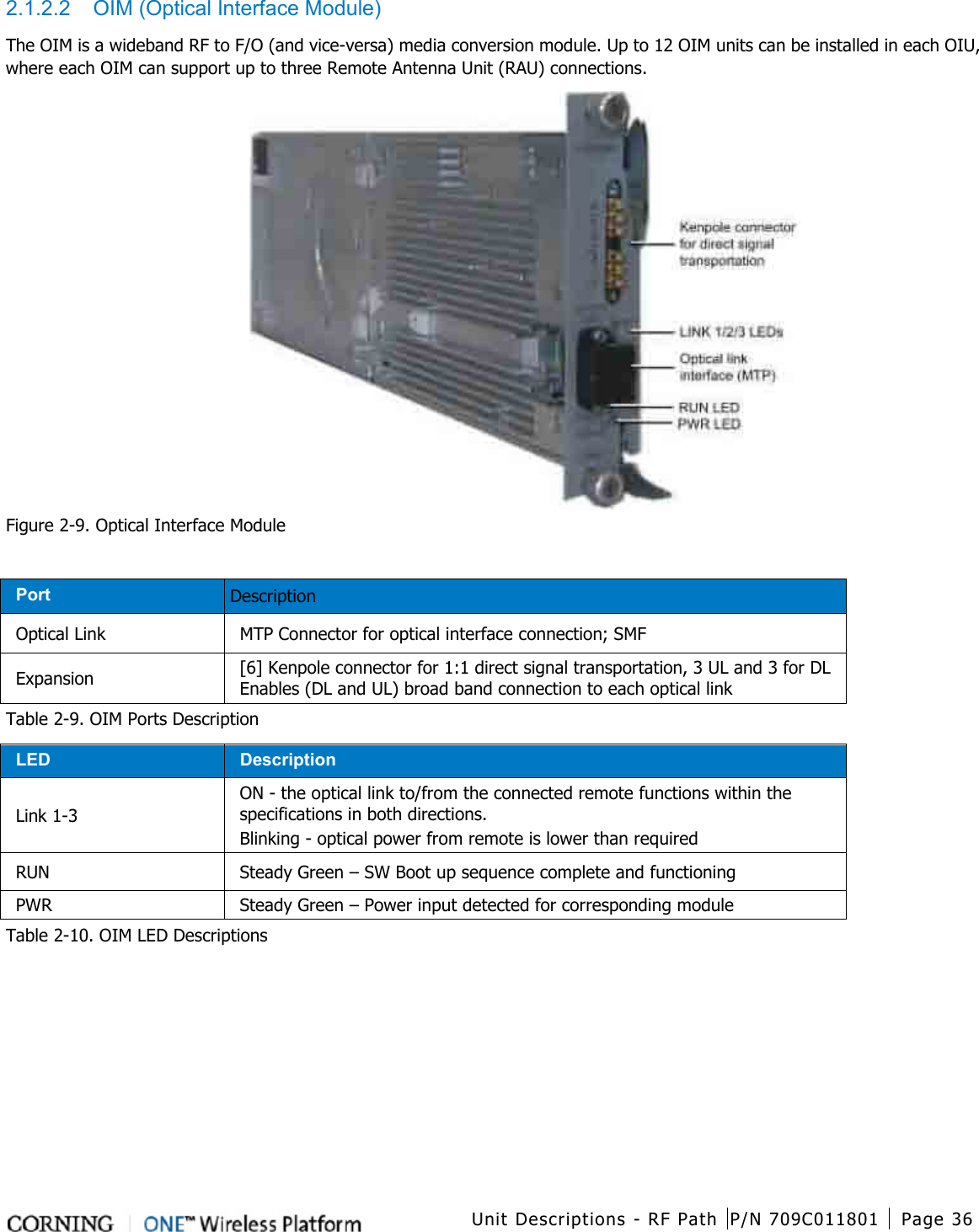  Unit Descriptions - RF Path P/N 709C011801 Page 36   2.1.2.2  OIM (Optical Interface Module) The OIM is a wideband RF to F/O (and vice-versa) media conversion module. Up to 12 OIM units can be installed in each OIU, where each OIM can support up to three Remote Antenna Unit (RAU) connections.      Figure  2-9. Optical Interface Module  Port Description Optical Link MTP Connector for optical interface connection; SMF Expansion [6] Kenpole connector for 1:1 direct signal transportation, 3 UL and 3 for DL Enables (DL and UL) broad band connection to each optical link Table  2-9. OIM Ports Description LED Description Link 1-3 ON - the optical link to/from the connected remote functions within the specifications in both directions. Blinking - optical power from remote is lower than required RUN Steady Green – SW Boot up sequence complete and functioning PWR Steady Green – Power input detected for corresponding module Table  2-10. OIM LED Descriptions    