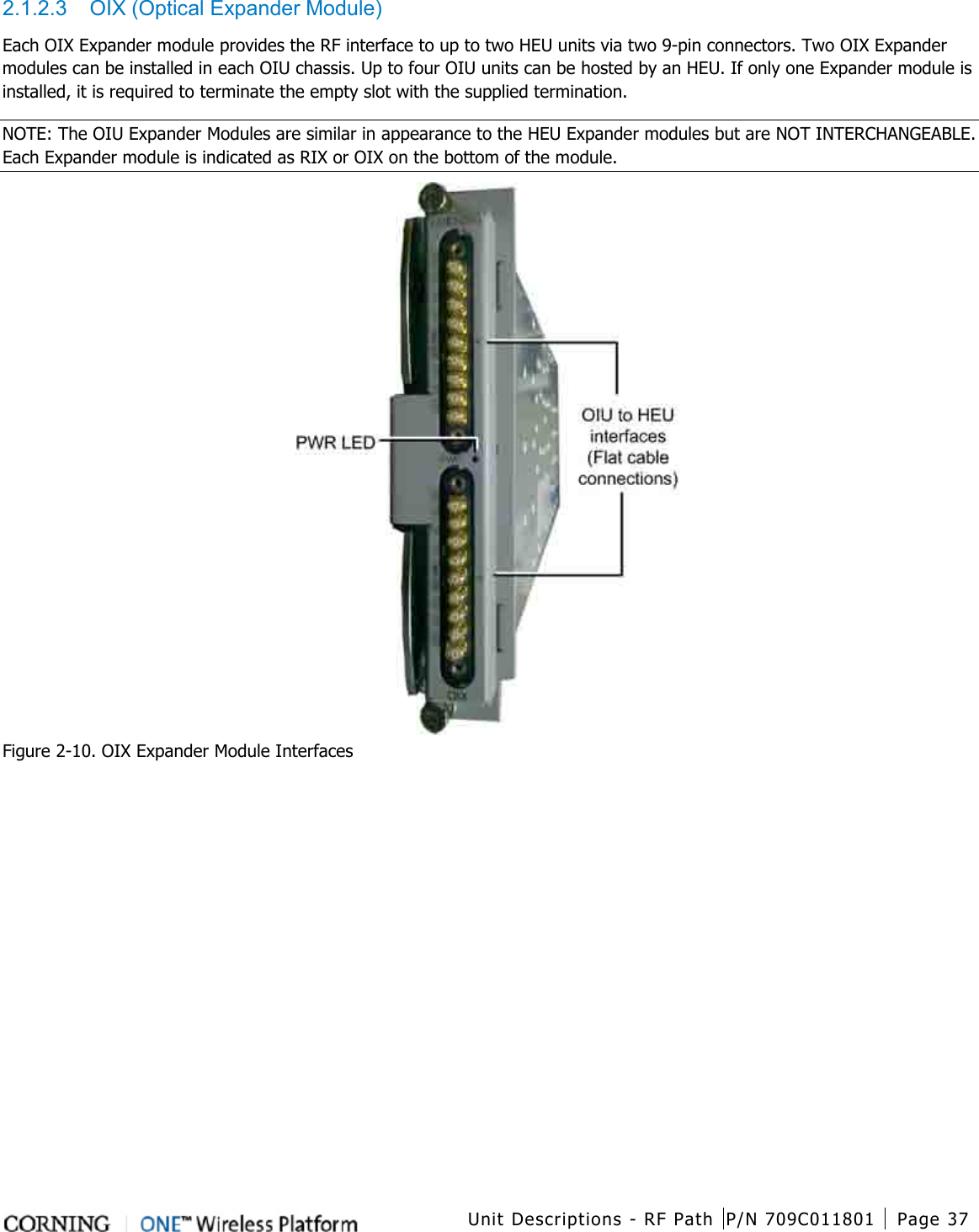  Unit Descriptions - RF Path P/N 709C011801 Page 37   2.1.2.3  OIX (Optical Expander Module) Each OIX Expander module provides the RF interface to up to two HEU units via two 9-pin connectors. Two OIX Expander modules can be installed in each OIU chassis. Up to four OIU units can be hosted by an HEU. If only one Expander module is installed, it is required to terminate the empty slot with the supplied termination. NOTE: The OIU Expander Modules are similar in appearance to the HEU Expander modules but are NOT INTERCHANGEABLE. Each Expander module is indicated as RIX or OIX on the bottom of the module.  Figure  2-10. OIX Expander Module Interfaces    