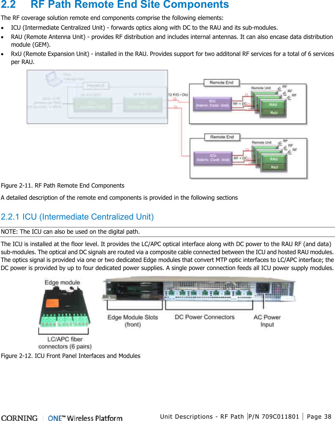  Unit Descriptions - RF Path P/N 709C011801 Page 38   2.2  RF Path Remote End Site Components The RF coverage solution remote end components comprise the following elements: • ICU (Intermediate Centralized Unit) - forwards optics along with DC to the RAU and its sub-modules.   • RAU (Remote Antenna Unit) - provides RF distribution and includes internal antennas. It can also encase data distribution module (GEM). • RxU (Remote Expansion Unit) - installed in the RAU. Provides support for two additonal RF services for a total of 6 services per RAU.  Figure  2-11. RF Path Remote End Components A detailed description of the remote end components is provided in the following sections  2.2.1 ICU (Intermediate Centralized Unit) NOTE: The ICU can also be used on the digital path. The ICU is installed at the floor level. It provides the LC/APC optical interface along with DC power to the RAU RF (and data) sub-modules. The optical and DC signals are routed via a composite cable connected between the ICU and hosted RAU modules. The optics signal is provided via one or two dedicated Edge modules that convert MTP optic interfaces to LC/APC interface; the DC power is provided by up to four dedicated power supplies. A single power connection feeds all ICU power supply modules.  Figure  2-12. ICU Front Panel Interfaces and Modules    