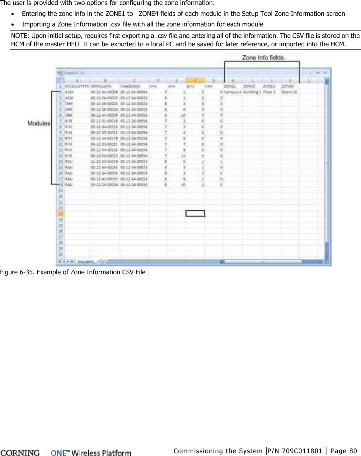  Commissioning the System P/N 709C011801 Page 80   The user is provided with two options for configuring the zone information: • Entering the zone info in the ZONE1 to    ZONE4 fields of each module in the Setup Tool Zone Information screen • Importing a Zone Information .csv file with all the zone information for each module  NOTE: Upon initial setup, requires first exporting a .csv file and entering all of the information. The CSV file is stored on the HCM of the master HEU. It can be exported to a local PC and be saved for later reference, or imported into the HCM.  Figure  6-35. Example of Zone Information CSV File  