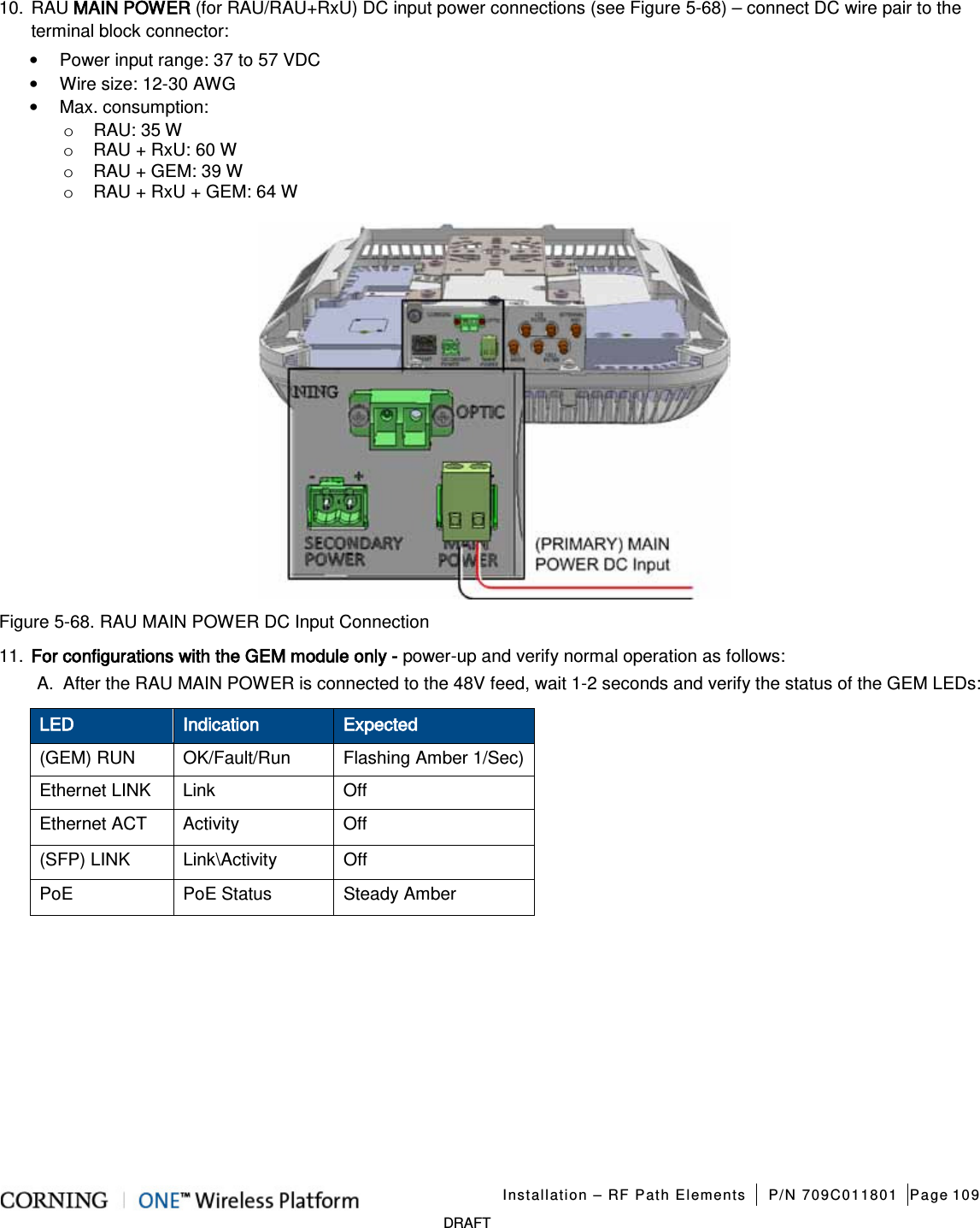   Installation – RF Path Elements P/N 709C011801 Page 109   DRAFT 10. RAU MAIN POWER (for RAU/RAU+RxU) DC input power connections (see Figure  5-68) – connect DC wire pair to the terminal block connector: • Power input range: 37 to 57 VDC • Wire size: 12-30 AWG • Max. consumption: o RAU: 35 W o RAU + RxU: 60 W o RAU + GEM: 39 W o RAU + RxU + GEM: 64 W  Figure  5-68. RAU MAIN POWER DC Input Connection 11. For configurations with the GEM module only - power-up and verify normal operation as follows: A.  After the RAU MAIN POWER is connected to the 48V feed, wait 1-2 seconds and verify the status of the GEM LEDs: LED Indication Expected (GEM) RUN OK/Fault/Run Flashing Amber 1/Sec)  Ethernet LINK  Link  Off Ethernet ACT Activity  Off (SFP) LINK Link\Activity  Off PoE  PoE Status  Steady Amber       