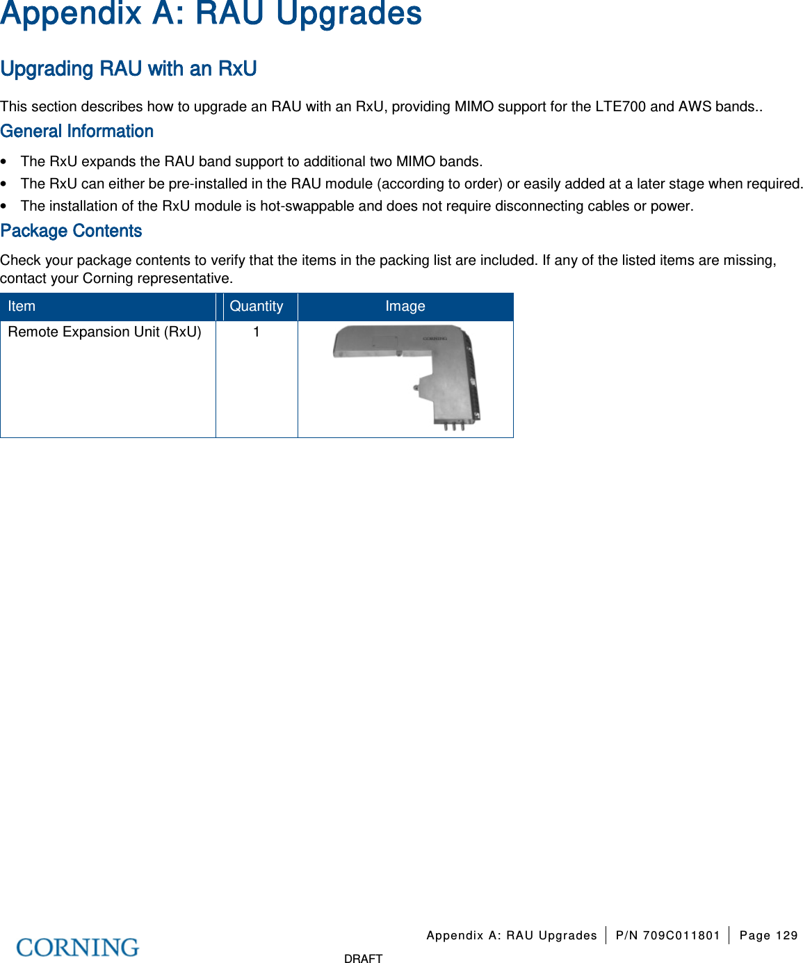   Appendix A: RAU Upgrades P/N 709C011801 Page 129   DRAFT Appendix A: RAU Upgrades Upgrading RAU with an RxU This section describes how to upgrade an RAU with an RxU, providing MIMO support for the LTE700 and AWS bands.. General Information • The RxU expands the RAU band support to additional two MIMO bands. • The RxU can either be pre-installed in the RAU module (according to order) or easily added at a later stage when required. • The installation of the RxU module is hot-swappable and does not require disconnecting cables or power. Package Contents Check your package contents to verify that the items in the packing list are included. If any of the listed items are missing, contact your Corning representative. Item  Quantity Image Remote Expansion Unit (RxU)  1     