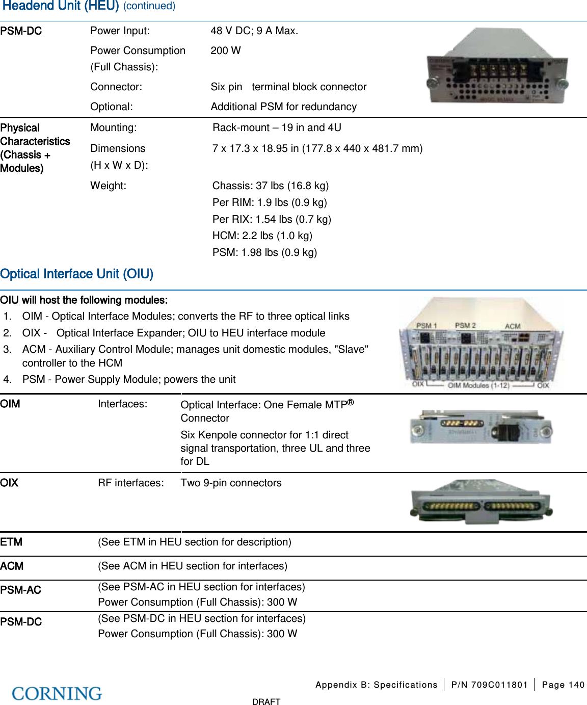   Appendix B: Specifications P/N 709C011801 Page 140   DRAFT Headend Unit (HEU) (continued) PSM-DC  Power Input: 48 V DC; 9 A Max.  Power Consumption   (Full Chassis): 200 W Connector: Six pin    terminal block connector Optional: Additional PSM for redundancy     Physical Characteristics (Chassis + Modules)  Mounting: Rack-mount – 19 in and 4U Dimensions   (H x W x D): 7 x 17.3 x 18.95 in (177.8 x 440 x 481.7 mm) Weight:  Chassis: 37 lbs (16.8 kg) Per RIM: 1.9 lbs (0.9 kg) Per RIX: 1.54 lbs (0.7 kg) HCM: 2.2 lbs (1.0 kg) PSM: 1.98 lbs (0.9 kg) Optical Interface Unit (OIU) OIU will host the following modules: 1.  OIM - Optical Interface Modules; converts the RF to three optical links 2.  OIX -  Optical Interface Expander; OIU to HEU interface module 3.  ACM - Auxiliary Control Module; manages unit domestic modules, &quot;Slave&quot; controller to the HCM 4.  PSM - Power Supply Module; powers the unit    OIM Interfaces: Optical Interface: One Female MTP® Connector Six Kenpole connector for 1:1 direct signal transportation, three UL and three for DL  OIX RF interfaces: Two 9-pin connectors  ETM (See ETM in HEU section for description)  ACM (See ACM in HEU section for interfaces)  PSM-AC (See PSM-AC in HEU section for interfaces) Power Consumption (Full Chassis): 300 W  PSM-DC (See PSM-DC in HEU section for interfaces) Power Consumption (Full Chassis): 300 W    