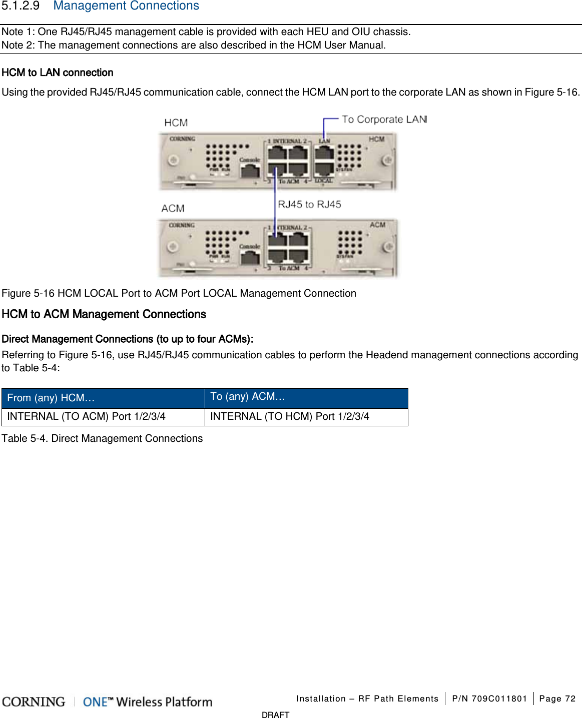   Installation – RF Path Elements P/N 709C011801 Page 72   DRAFT 5.1.2.9  Management Connections Note 1: One RJ45/RJ45 management cable is provided with each HEU and OIU chassis. Note 2: The management connections are also described in the HCM User Manual. HCM to LAN connection Using the provided RJ45/RJ45 communication cable, connect the HCM LAN port to the corporate LAN as shown in Figure  5-16.  Figure  5-16 HCM LOCAL Port to ACM Port LOCAL Management Connection HCM to ACM Management Connections   Direct Management Connections (to up to four ACMs): Referring to Figure  5-16, use RJ45/RJ45 communication cables to perform the Headend management connections according to Table  5-4: From (any) HCM… To (any) ACM… INTERNAL (TO ACM) Port 1/2/3/4 INTERNAL (TO HCM) Port 1/2/3/4 Table  5-4. Direct Management Connections    